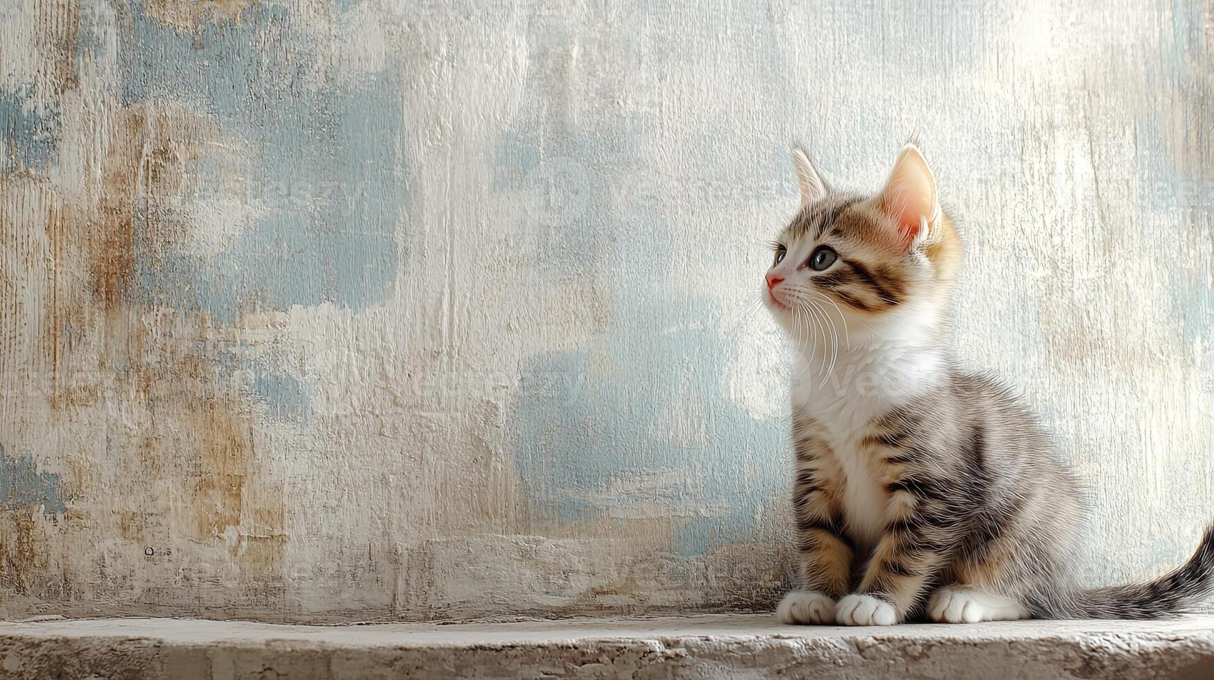 A kitten sitting on a ledge looking up photo