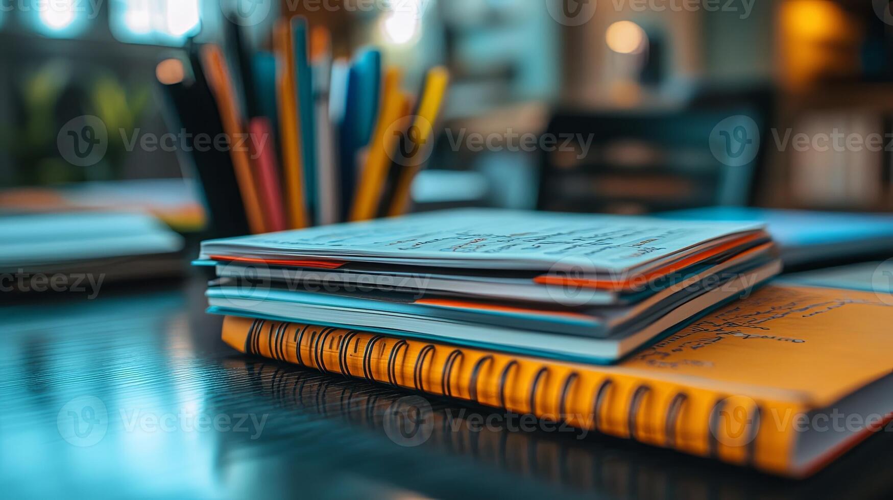 A stack of notebooks and pens on a desk photo