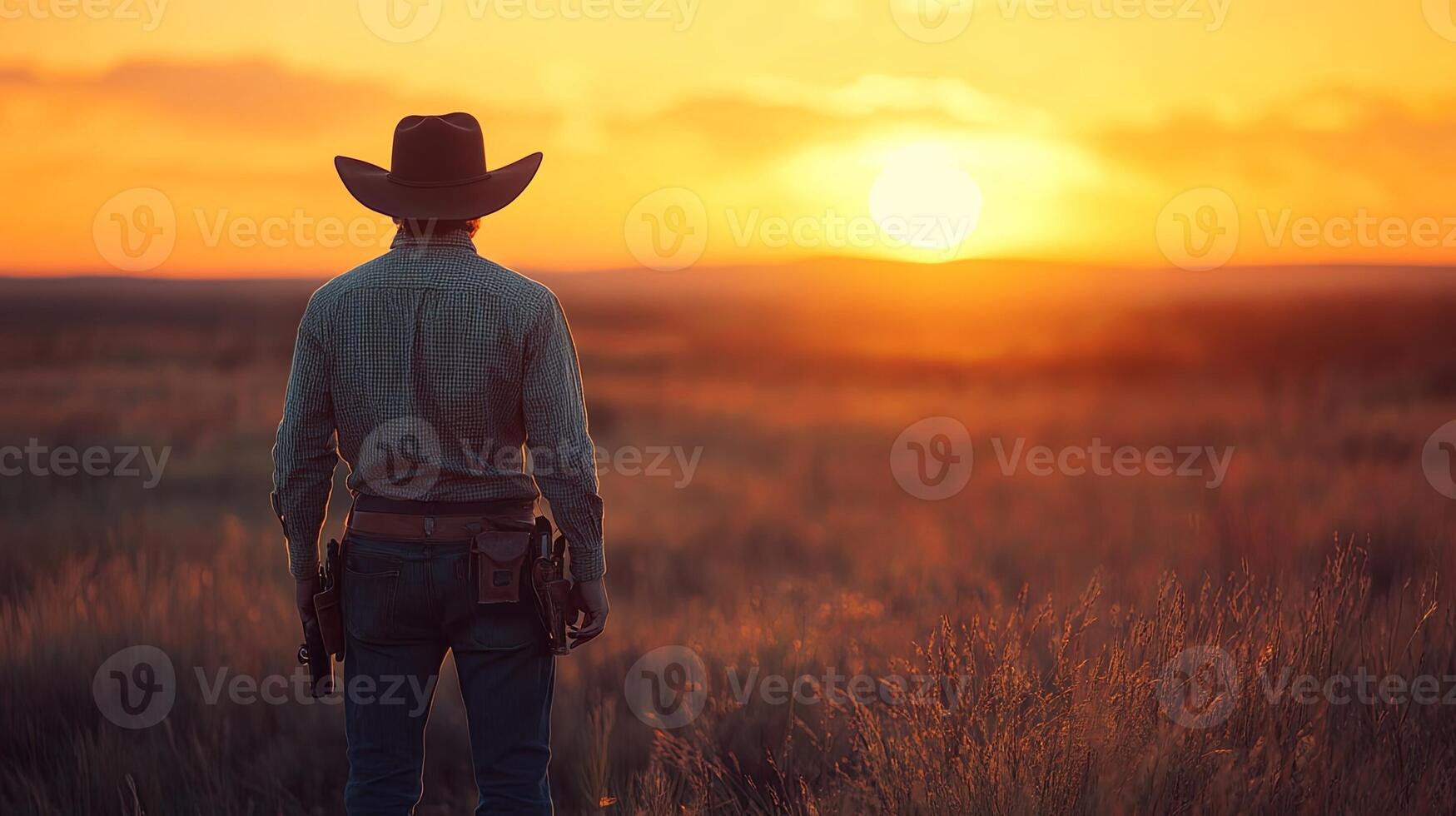 Man in Hat Standing in Field - Serene Nature Scene photo
