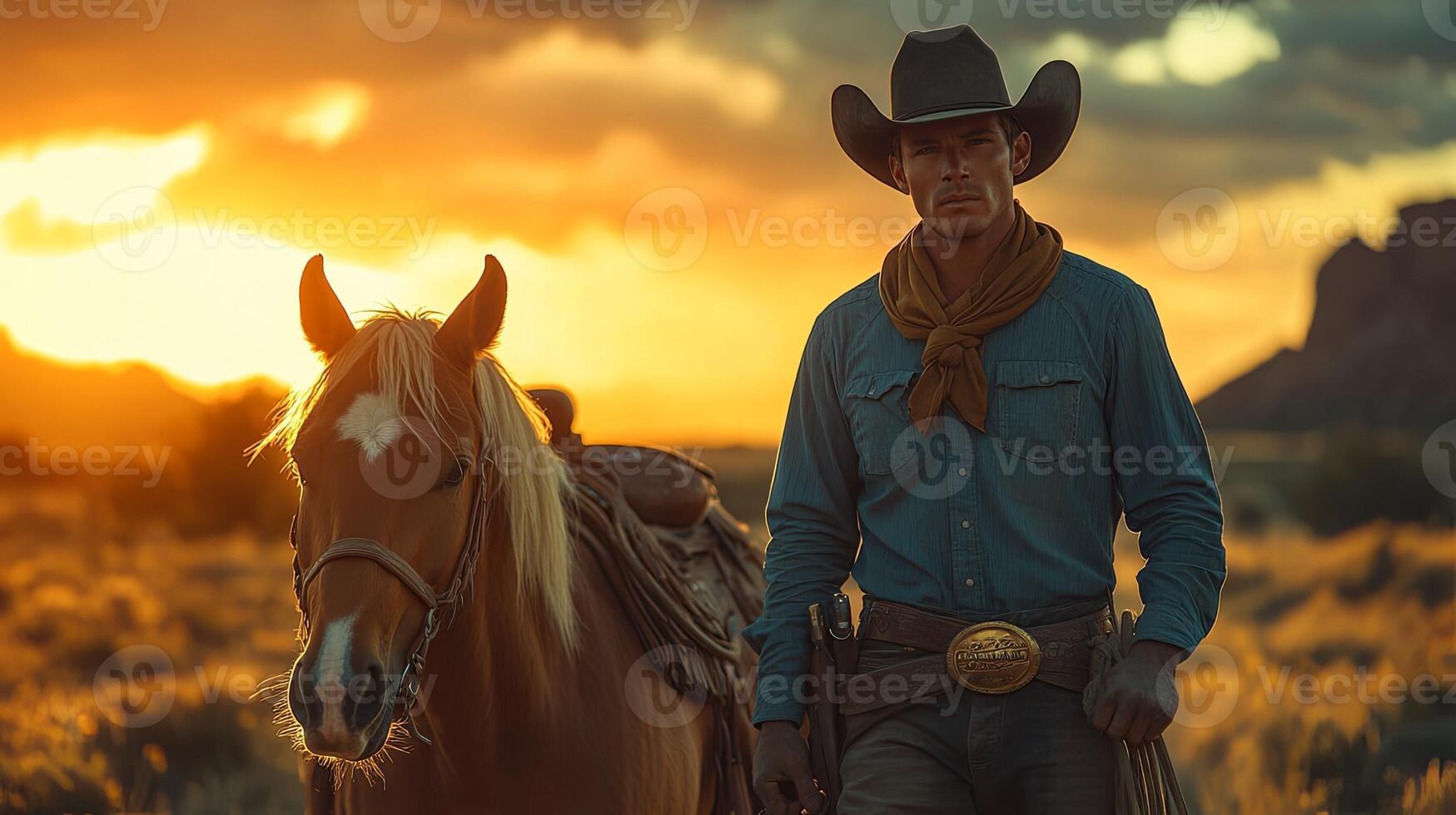 Wild West Cowboy Riding Horse Outdoors photo