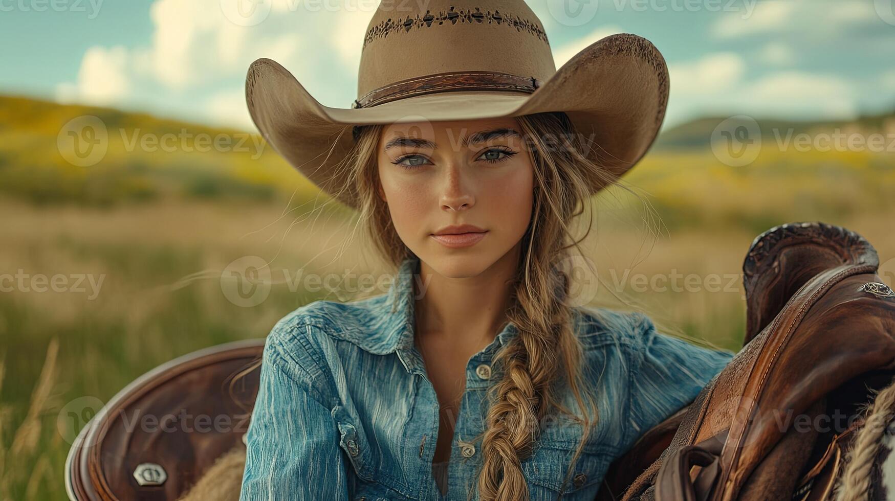Cowgirl in Cowboy Hat Sitting on Chair photo