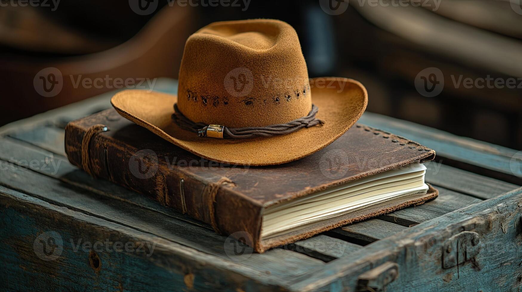 A cowboy hat sits on top of an old book photo
