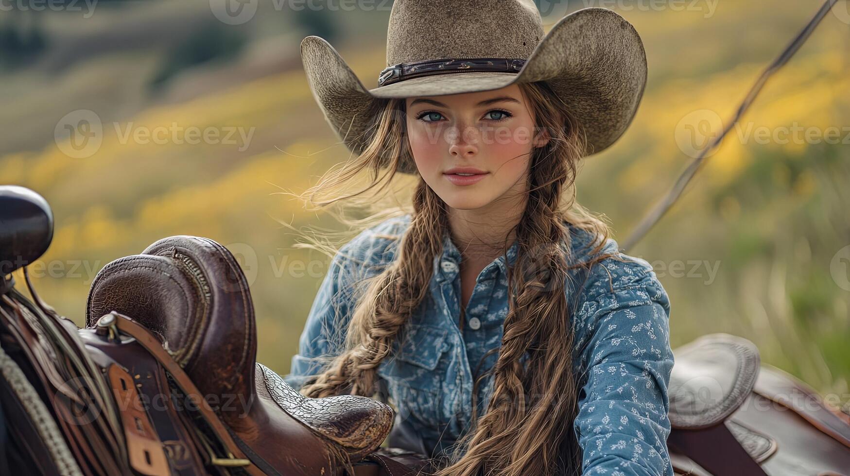 A beautiful young woman in a cowboy hat sitting on a horse photo