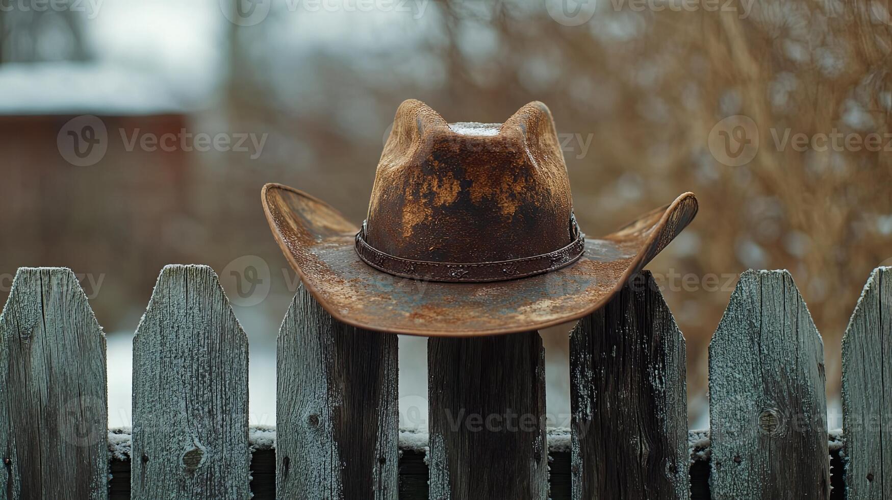 A cowboy hat sits on top of a fence photo