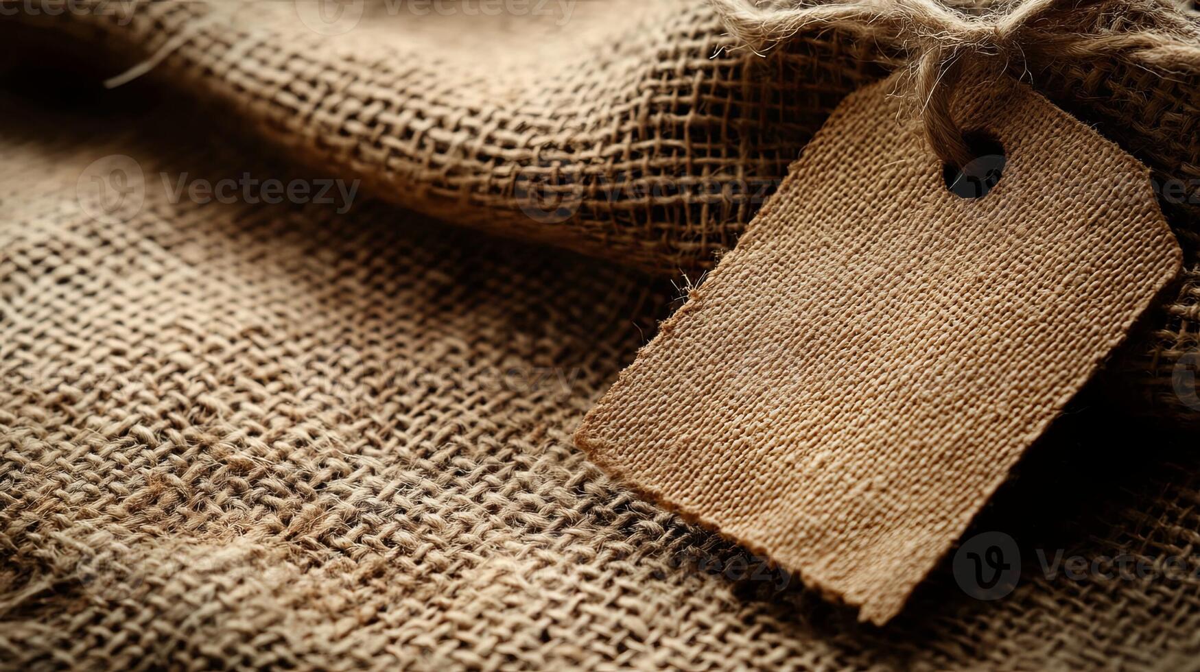 A brown tag is sitting on a piece of burlap photo