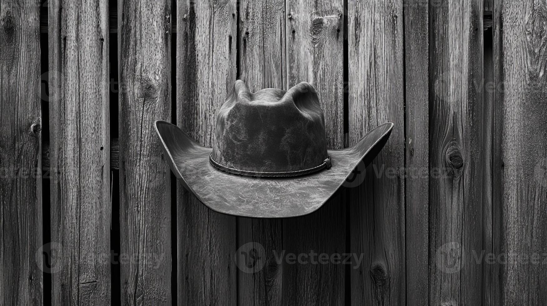 A cowboy hat hanging on a wooden wall photo