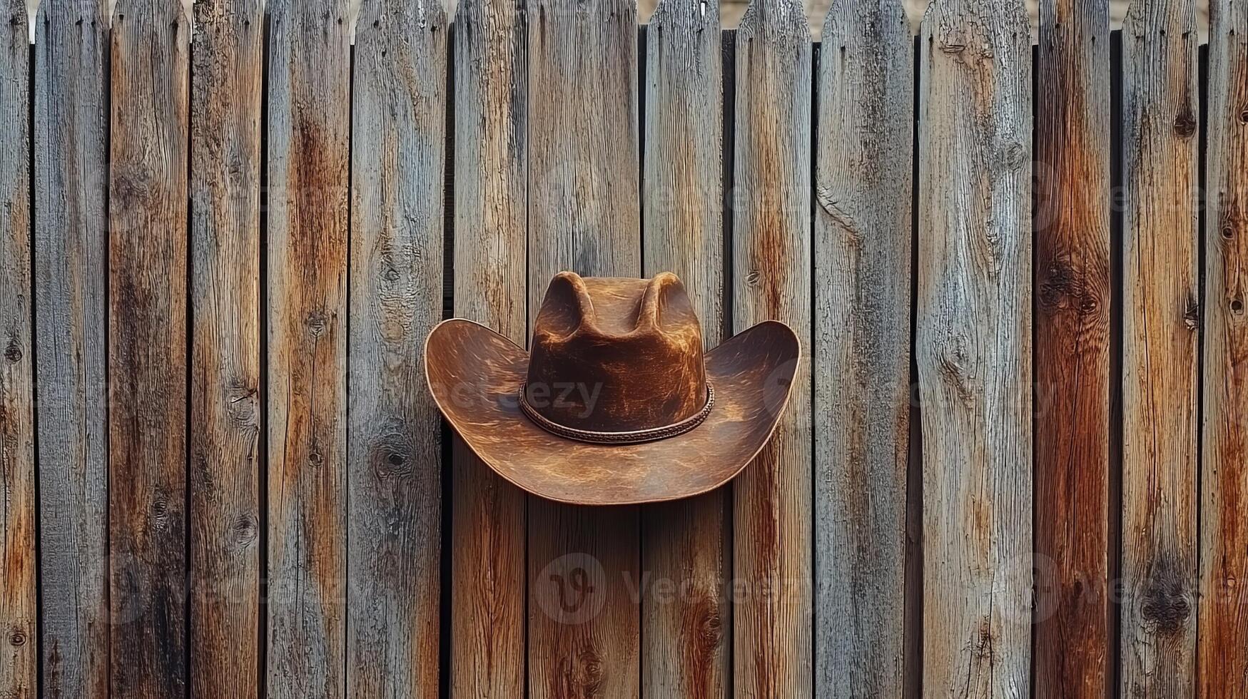 A cowboy hat is hanging on a wooden fence photo