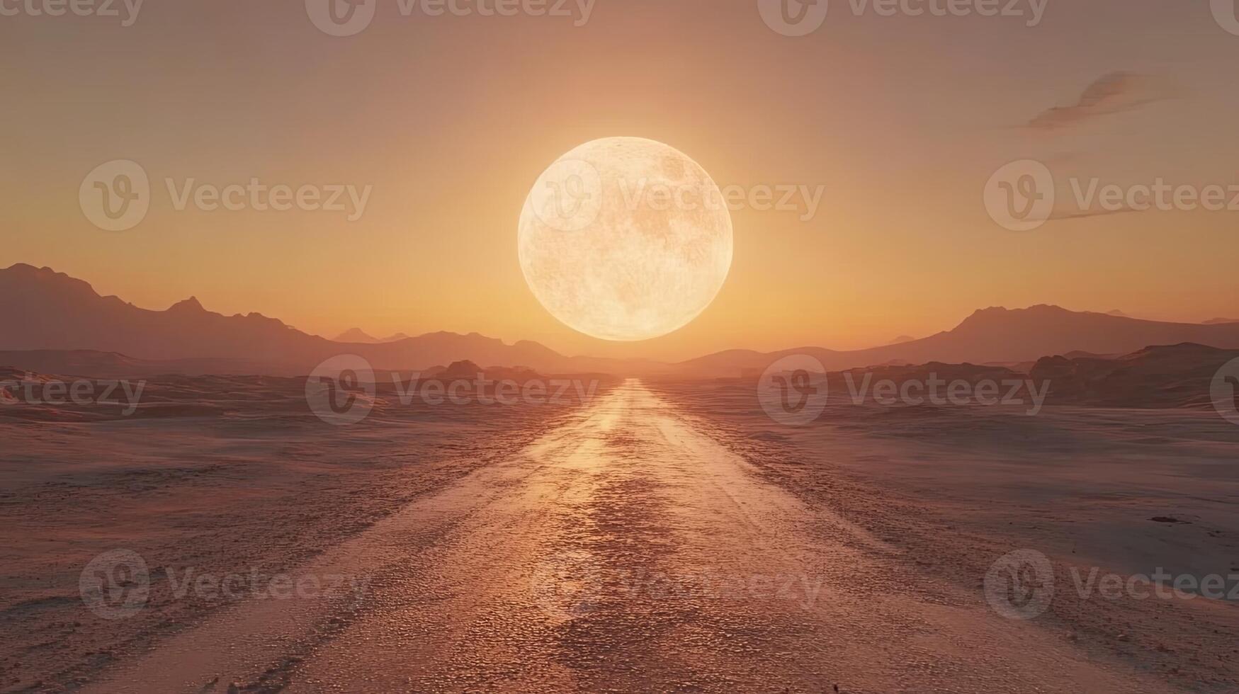 A road leading to a large moon in the sky photo