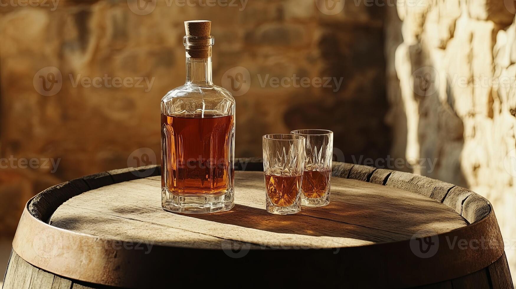 Rustic Whiskey Scene with Bottle and Glasses on Barrel photo