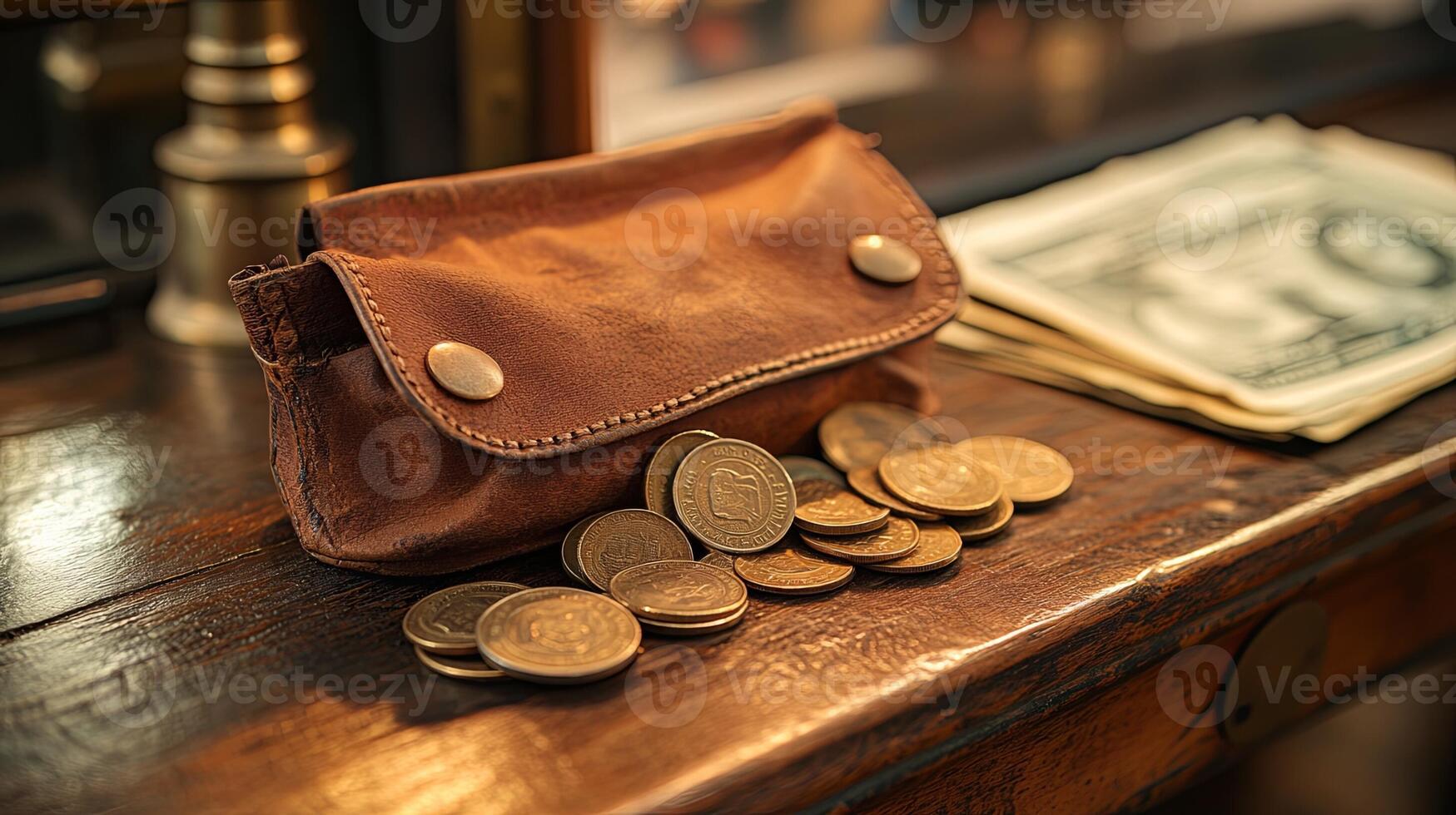 A leather purse with coins sitting on a table photo
