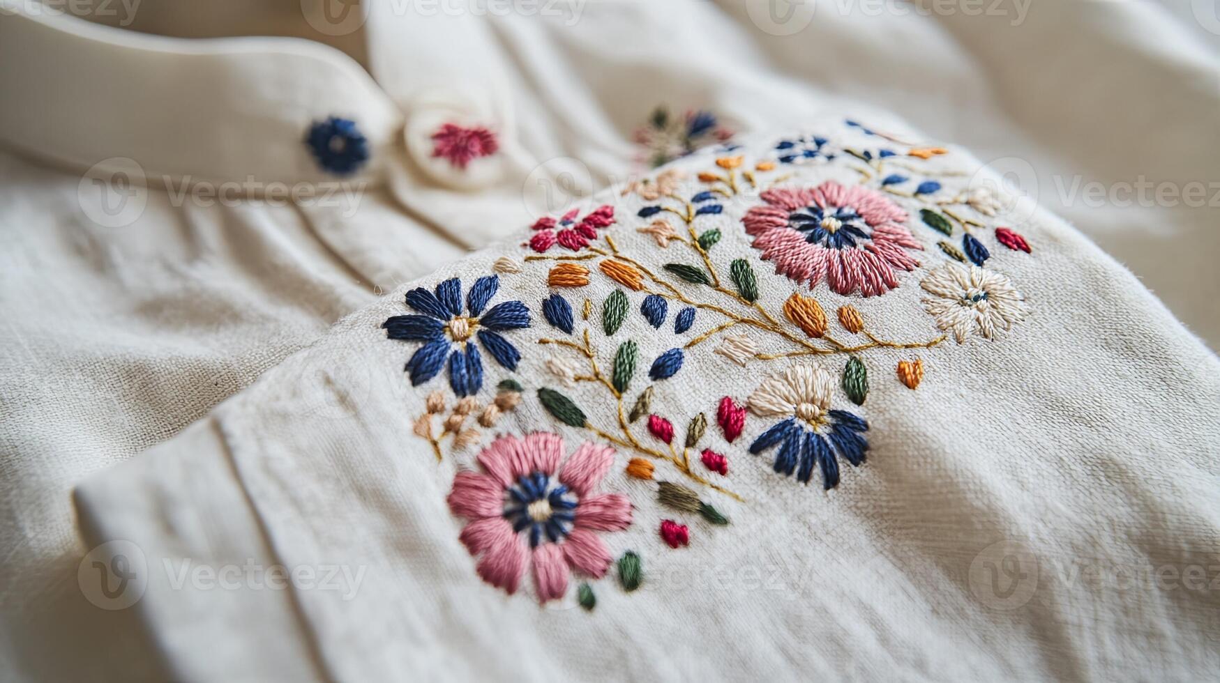 A close up of a white shirt with colorful embroidery photo