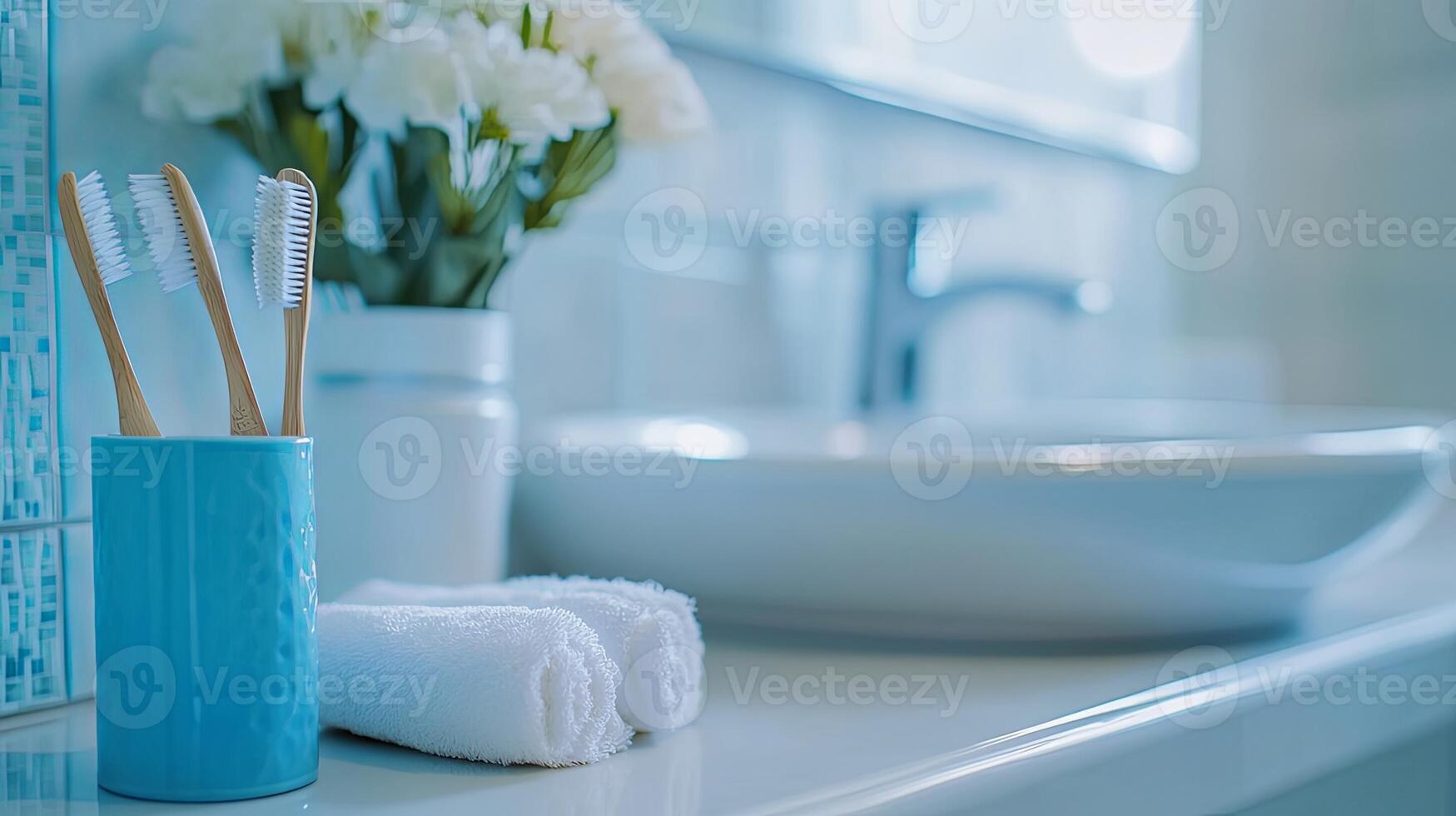 Modern Bathroom Sink with Toothbrush and Necessities photo