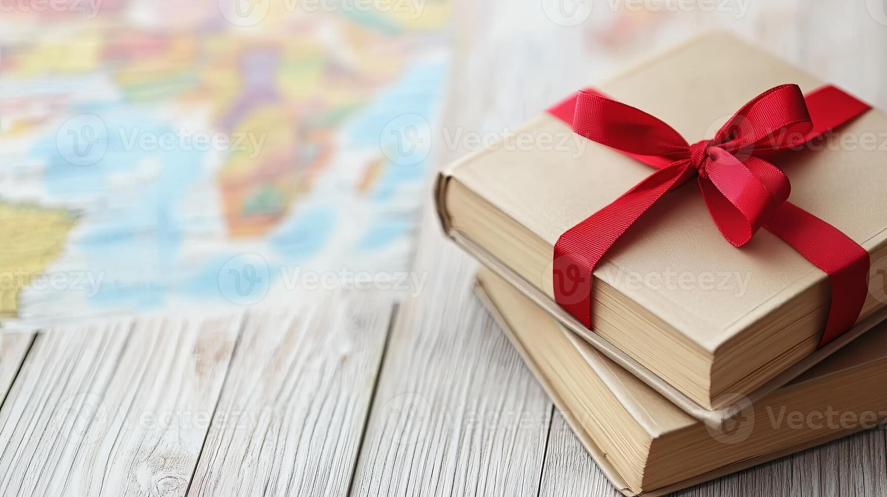 Books with Red Ribbon Bookmark on Light Wood Background photo