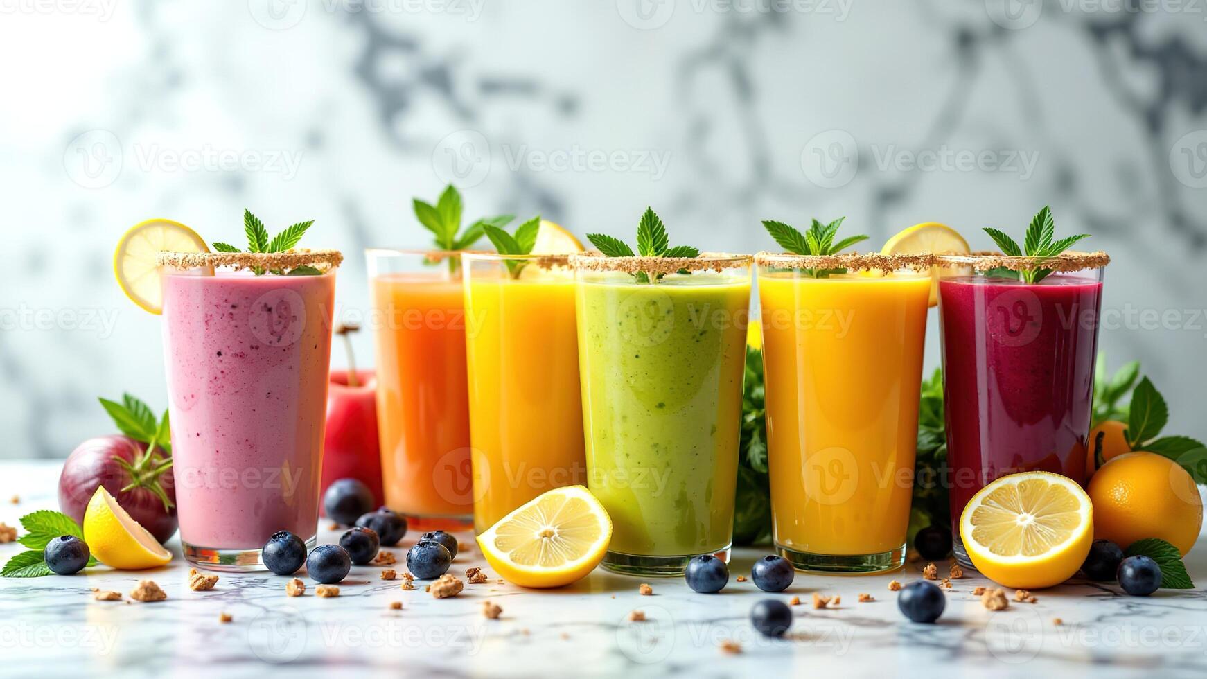 Colorful Healthy Smoothies with Fruits and Herbs on Table photo