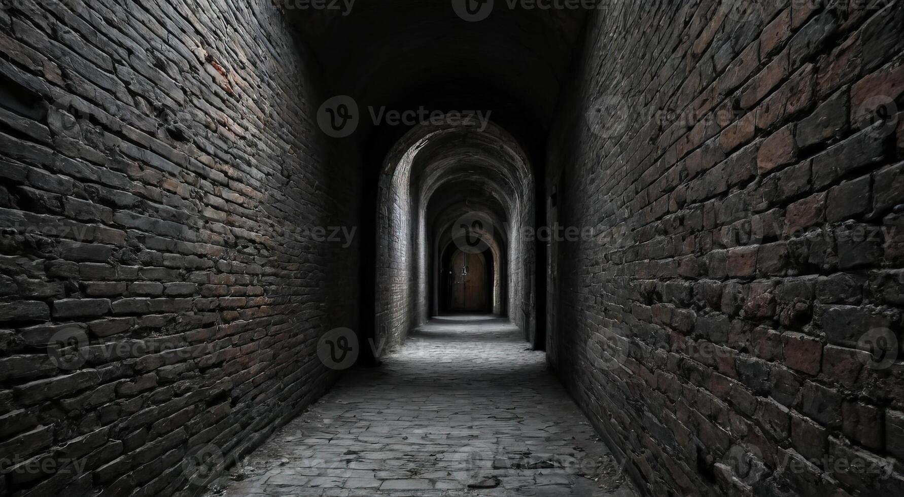 Dark and Mysterious Brick Corridor with Arched Ceilings photo