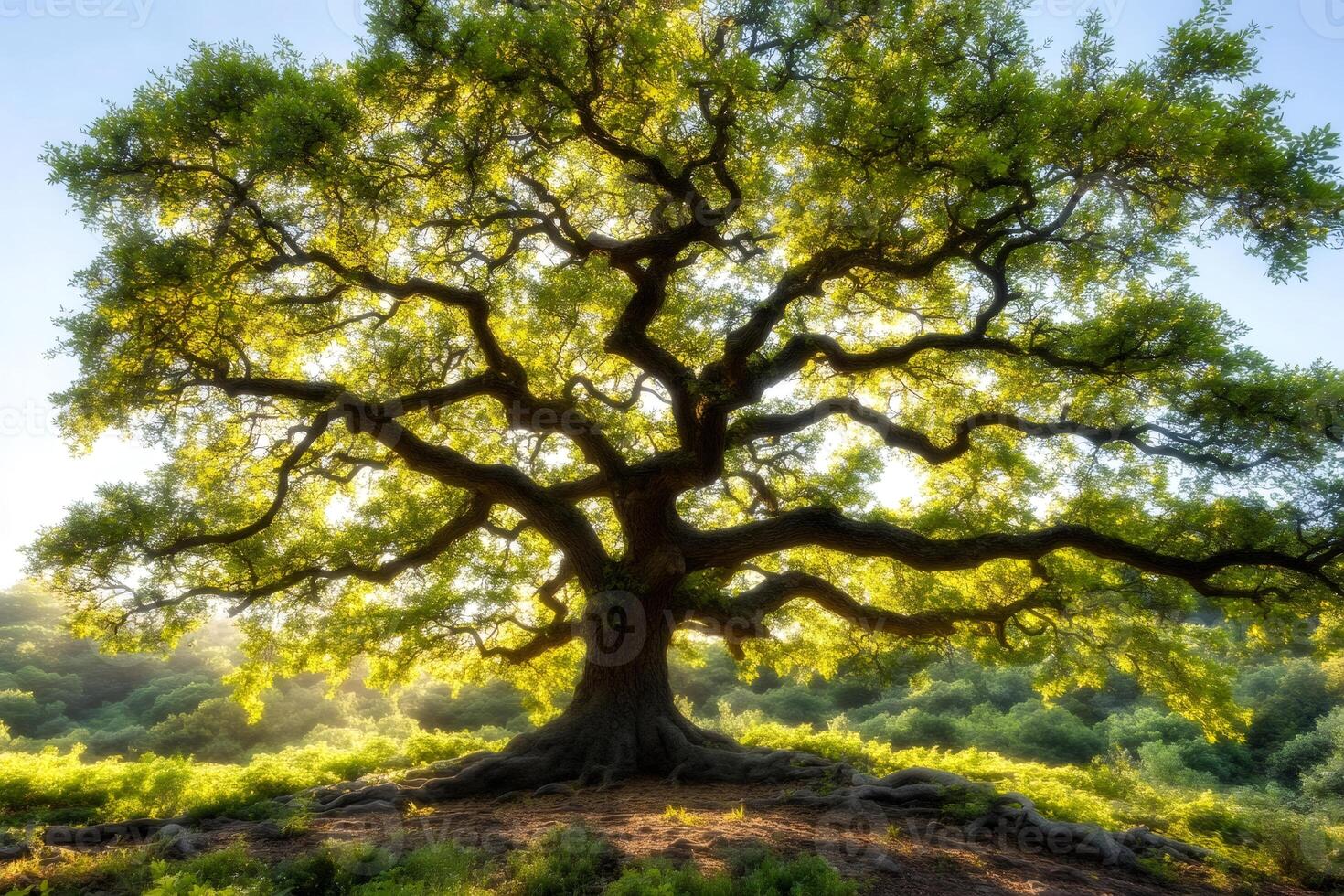 Majestic oak tree standing in a field at sunrise, illuminating the branches and leaves photo