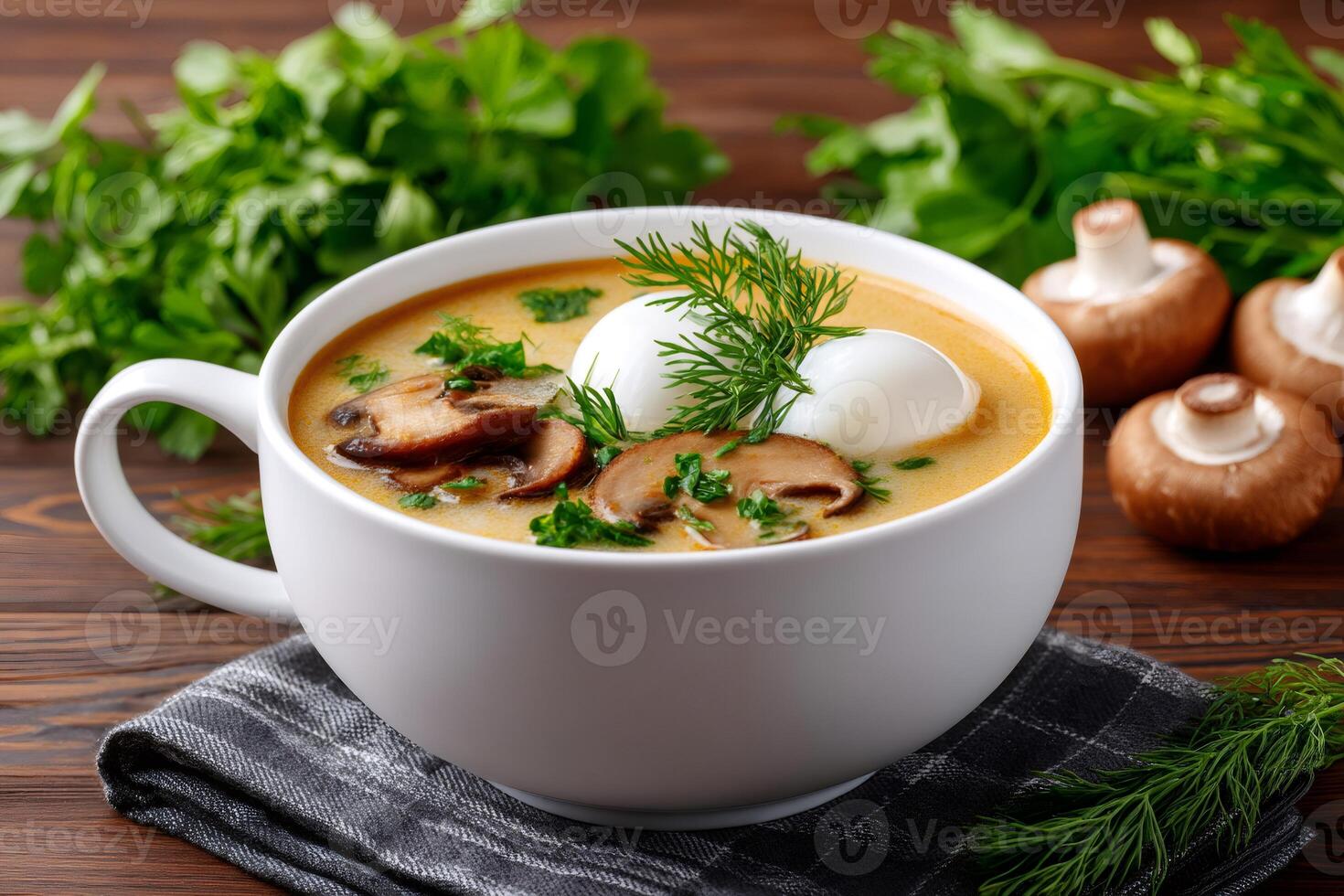 Delicious mushroom cream soup with quail eggs, herbs and spices in a white bowl photo