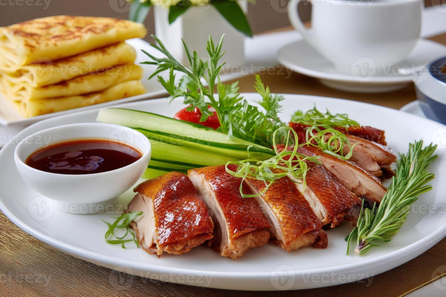 Sliced Peking duck served on white plate with cucumber, hoisin sauce and pancakes in the background photo