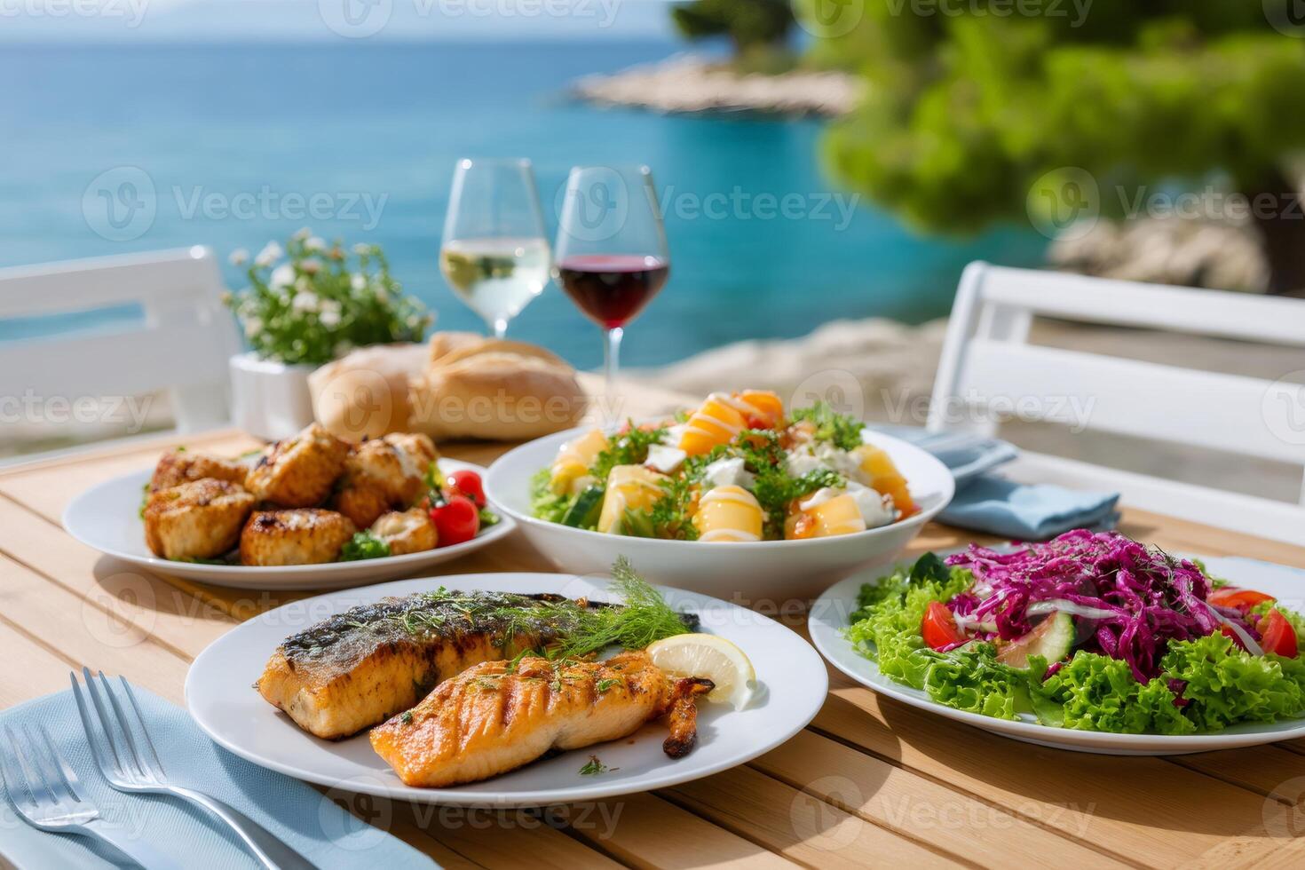 Enjoying delicious meal with grilled salmon, salads and wine at seaside restaurant photo
