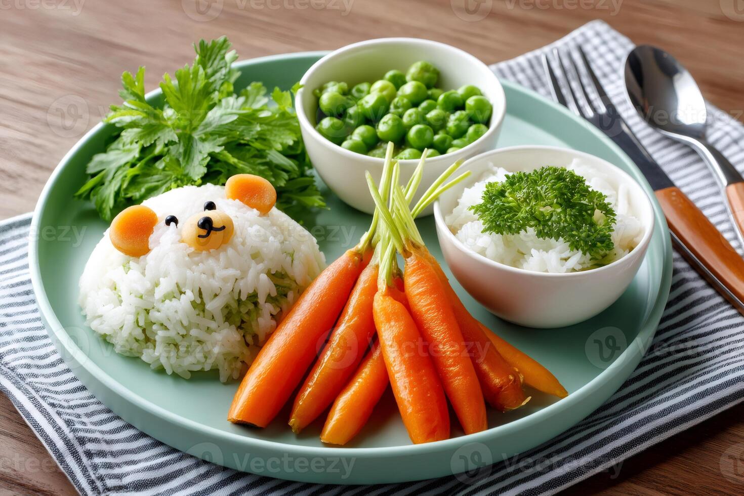 Cute bear-shaped rice ball served with carrots and peas amusing children's meal photo