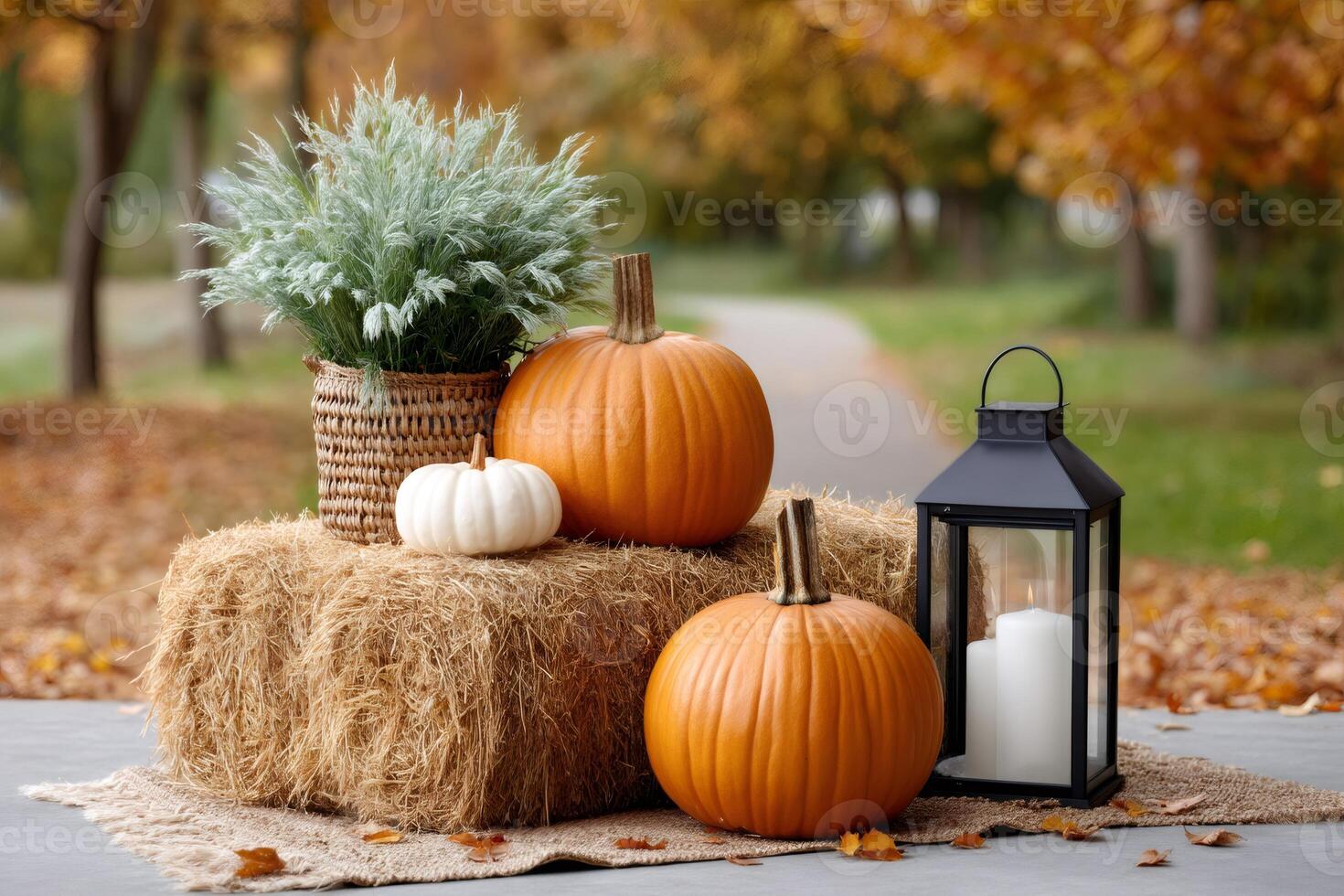 Pumpkins and lantern sitting on hay bale creating cozy autumn composition photo