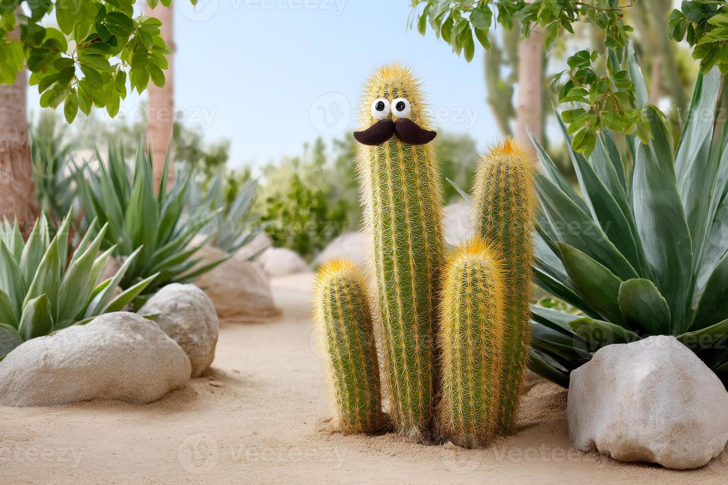 Funny cactus with googly eyes and mustache growing in desert garden photo