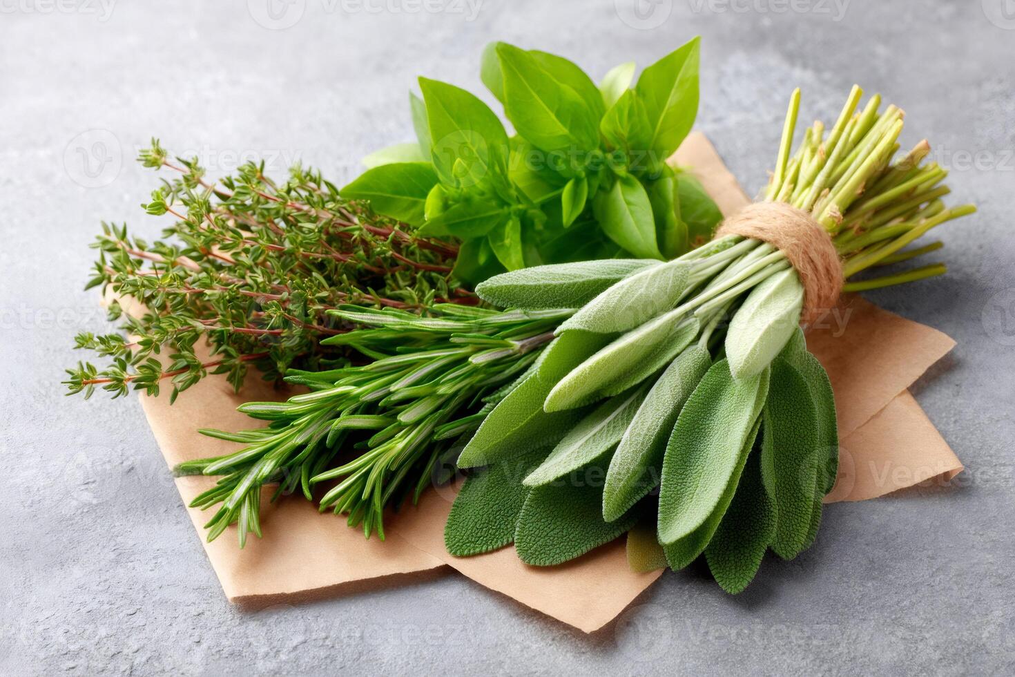 Freshly picked herbs including rosemary, thyme, sage and basil resting on brown paper photo