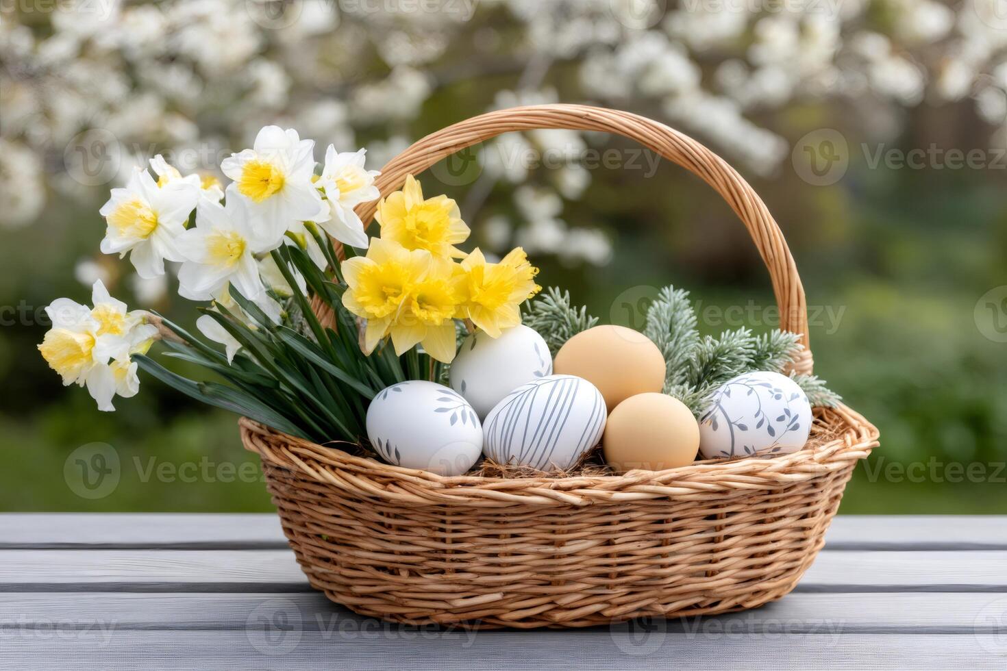 Easter basket containing painted eggs and daffodils resting on wooden table photo