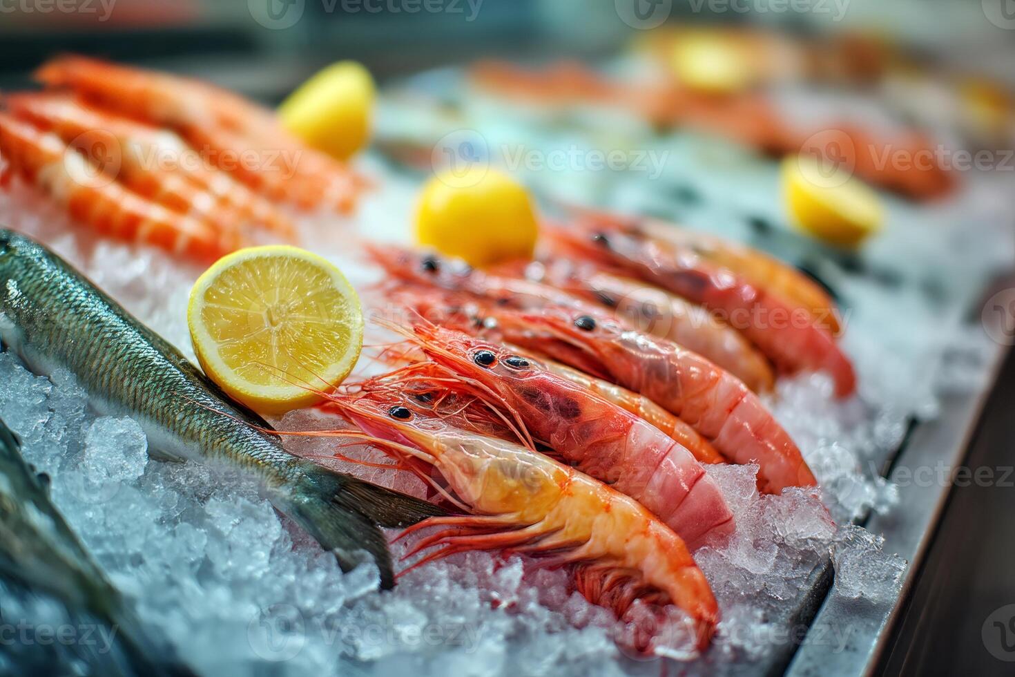 Fresh shrimps and fish lying on ice with lemon slices in fish market photo