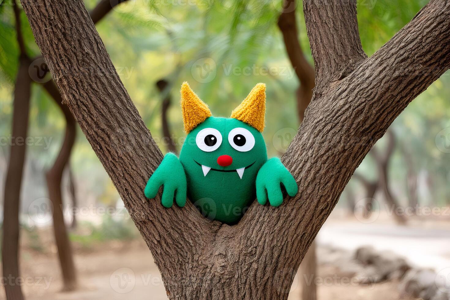 Friendly green monster climbing tree in a park photo