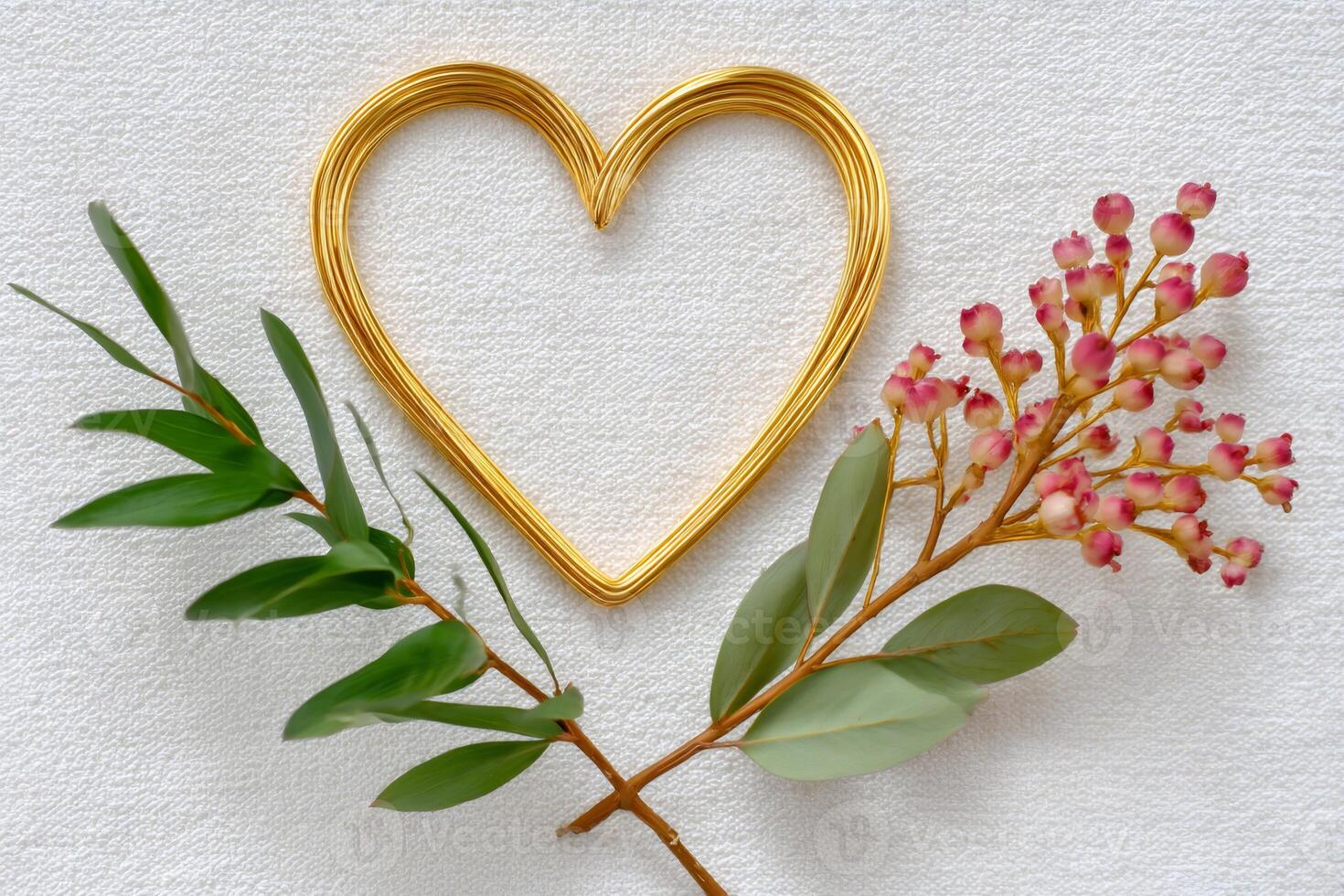 Golden wire heart and pink flowers creating a romantic atmosphere photo