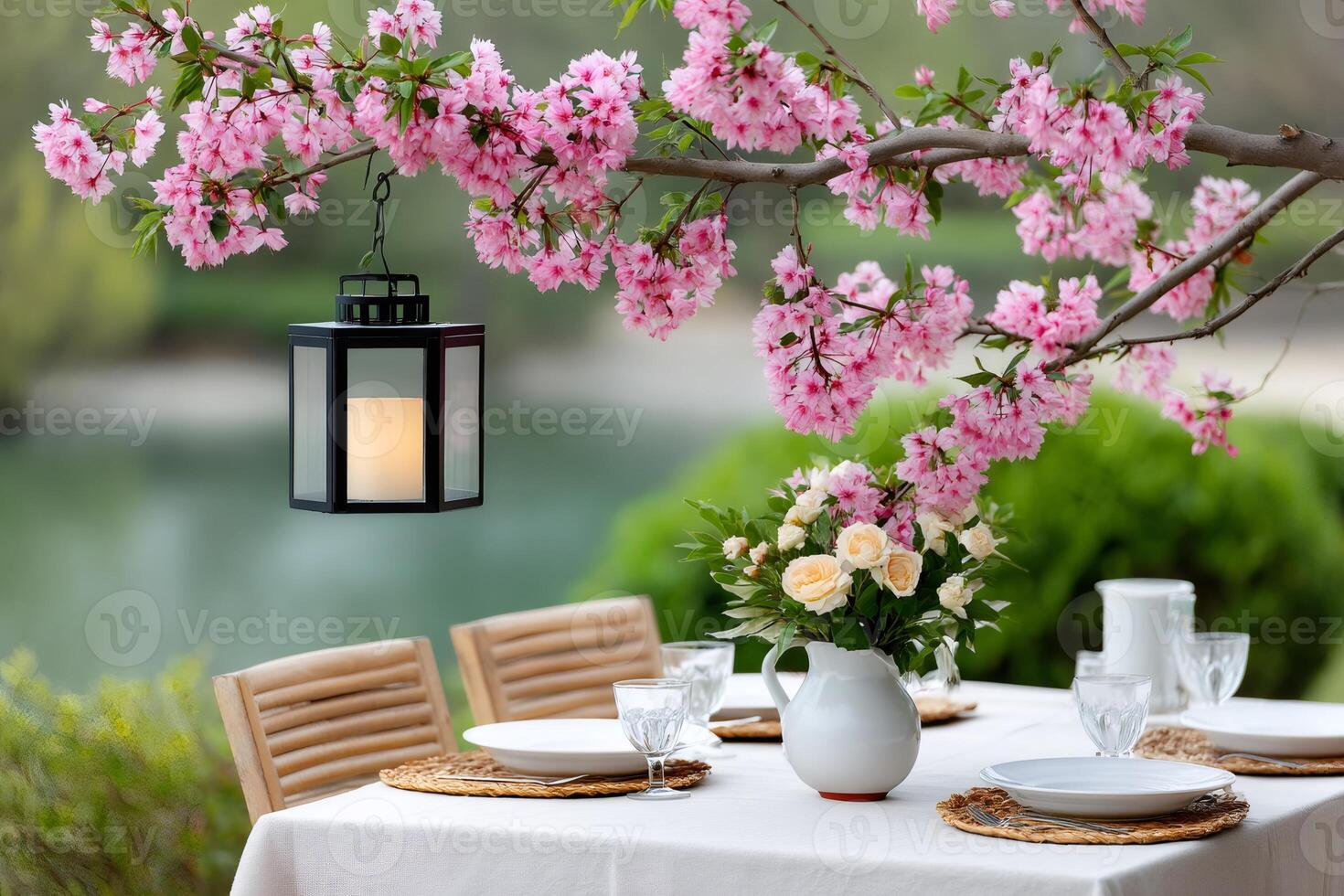 Romantic table setting under blooming cherry tree with hanging lantern photo