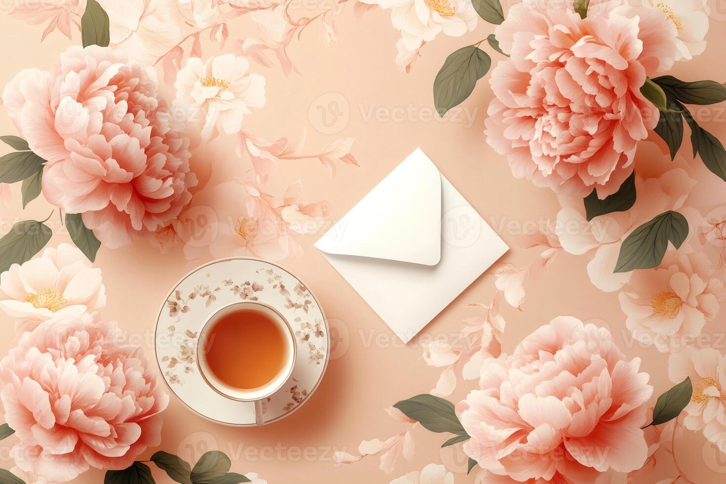 Teacup and envelope resting on floral tablecloth, conveying a cozy atmosphere photo