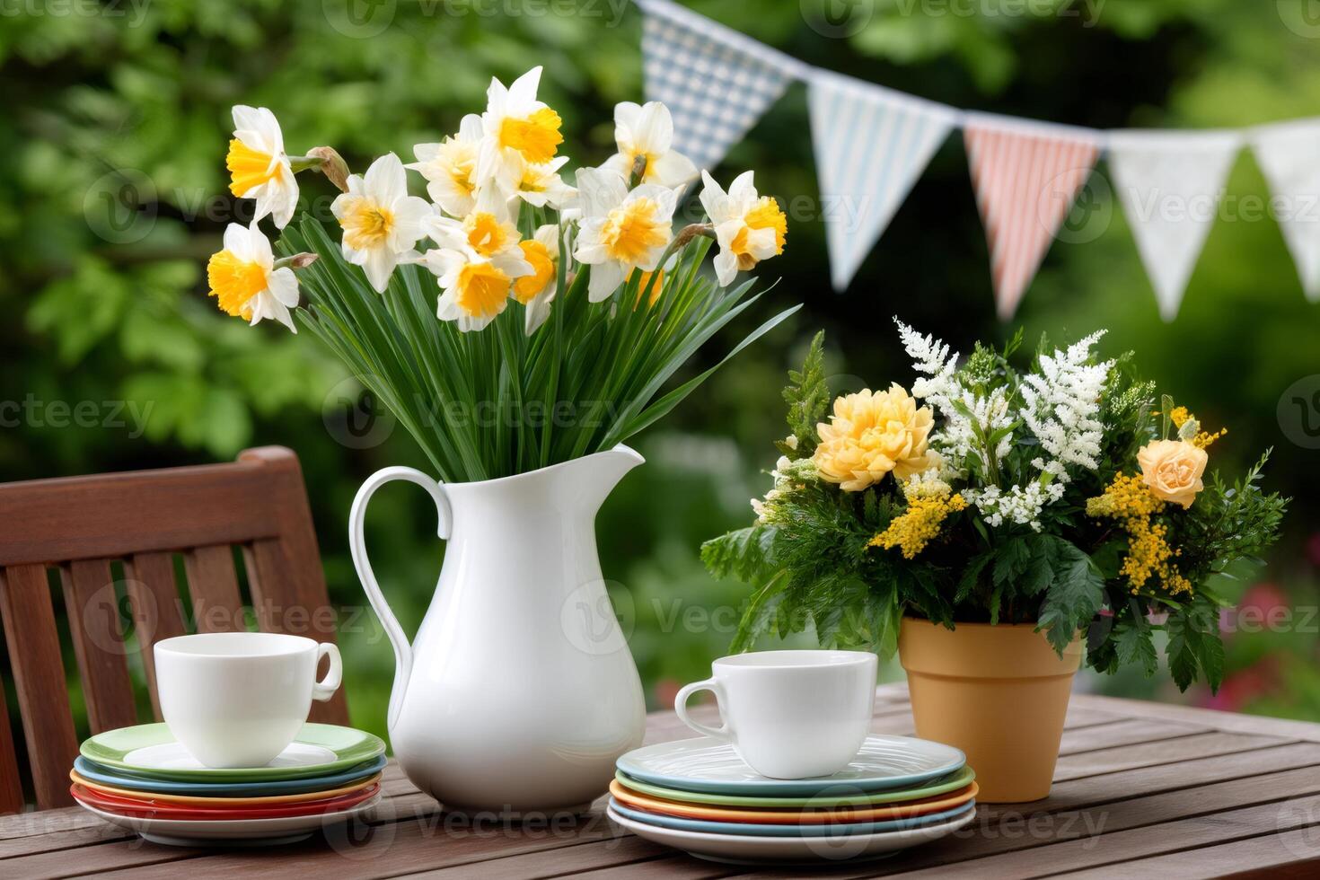 Daffodils in white jug decorating garden table for a spring party photo