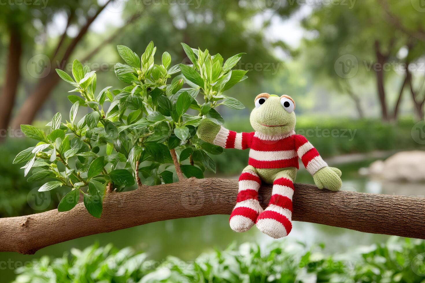 Knitted frog with red and white striped sweater sitting on a tree branch photo