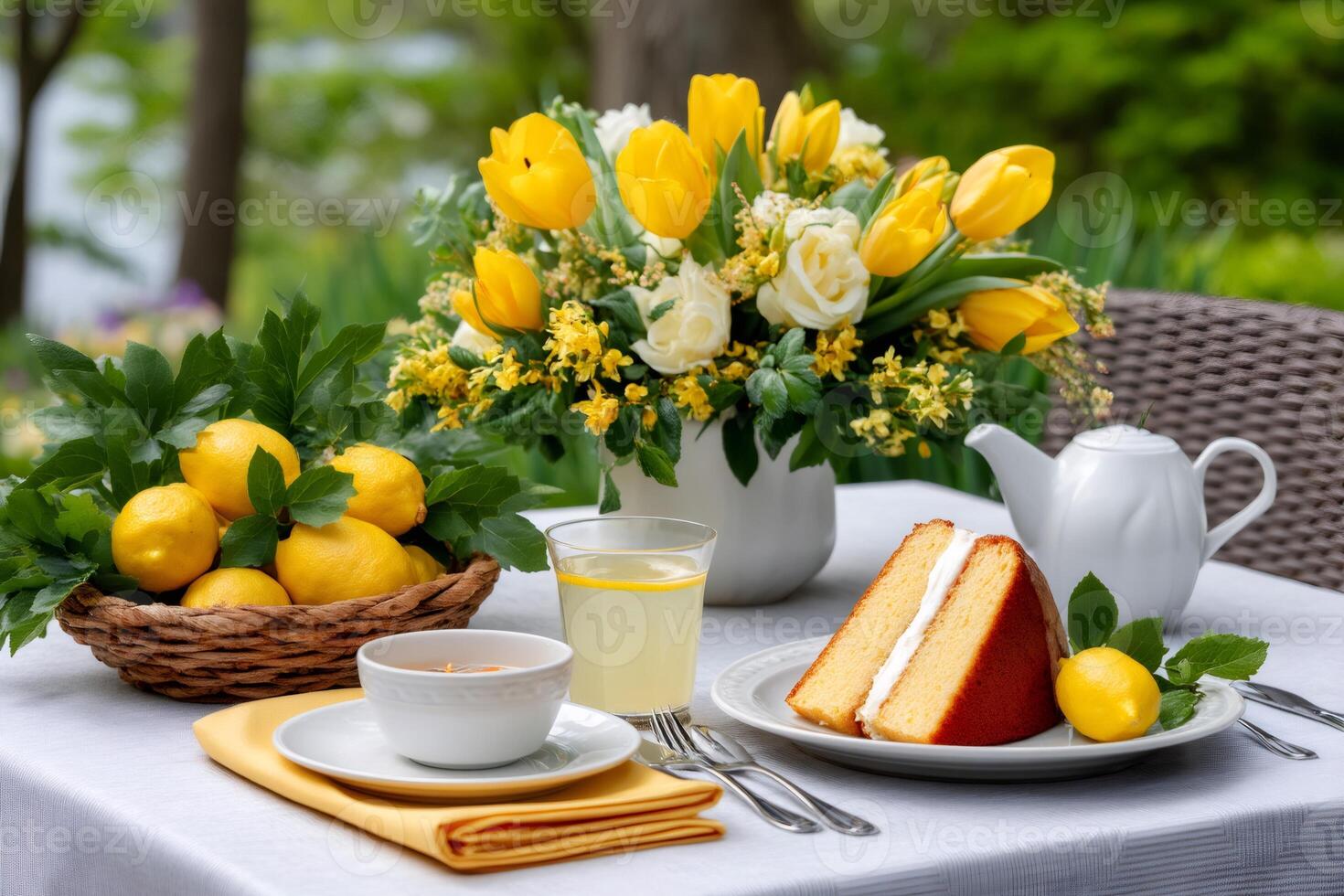 Elegant springtime breakfast table setting with yellow tulips, lemons, cake and lemonade photo