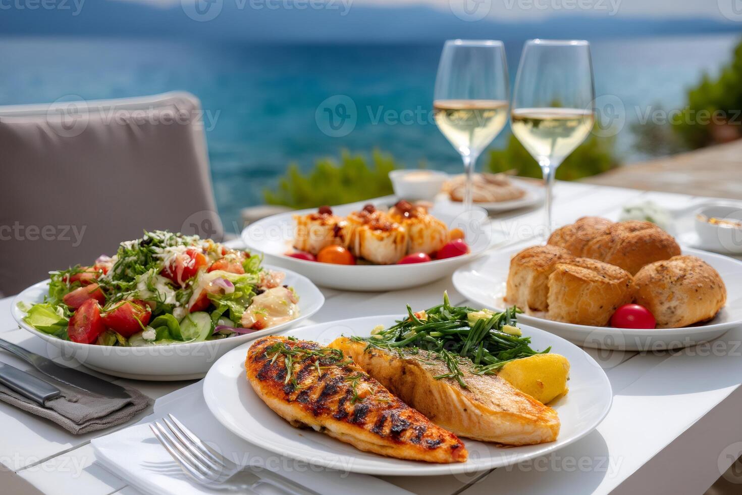 Grilled fish and salad lunch served on a table by the sea with white wine photo