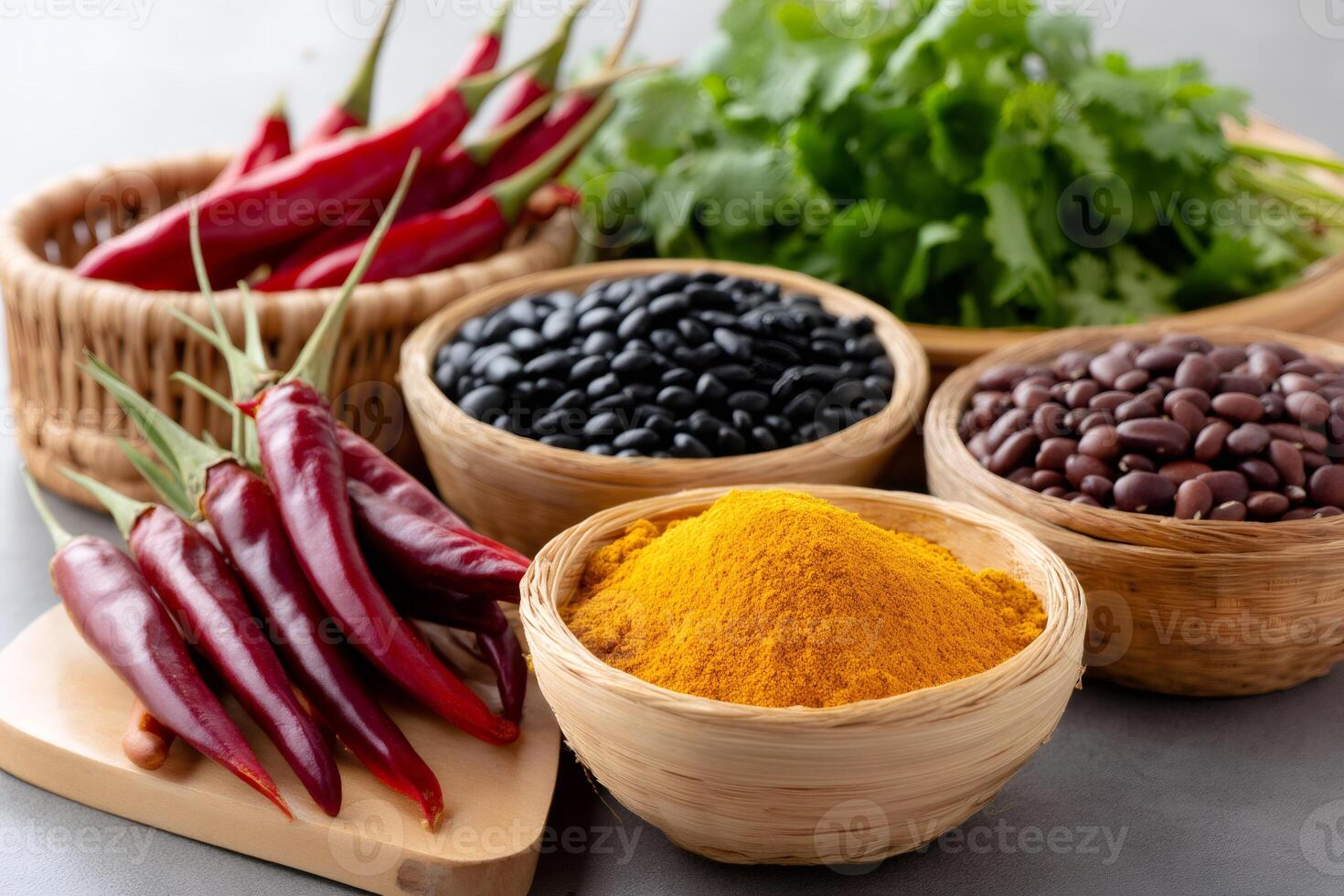 Turmeric, beans, chili peppers and coriander are displayed in small wicker bowls on a gray tabletop photo