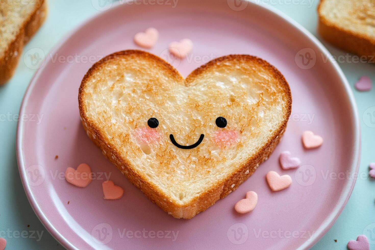 Heart-shaped toast with a kawaii smiling face lying on a pink plate photo