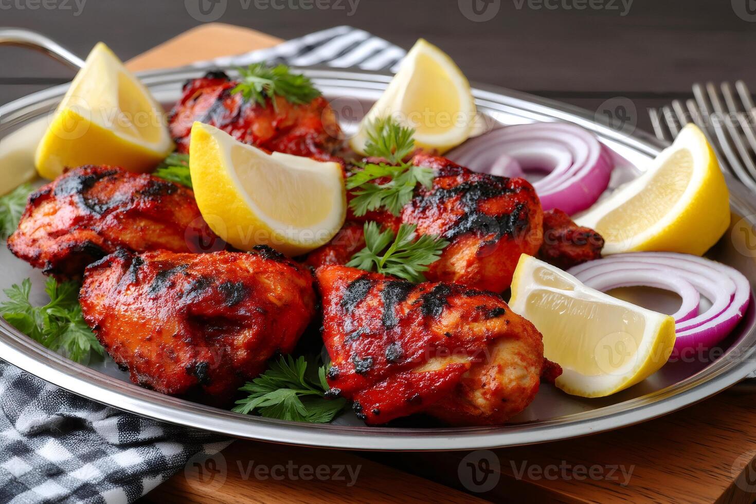 Tandoori chicken garnished with lemon and red onion on platter photo