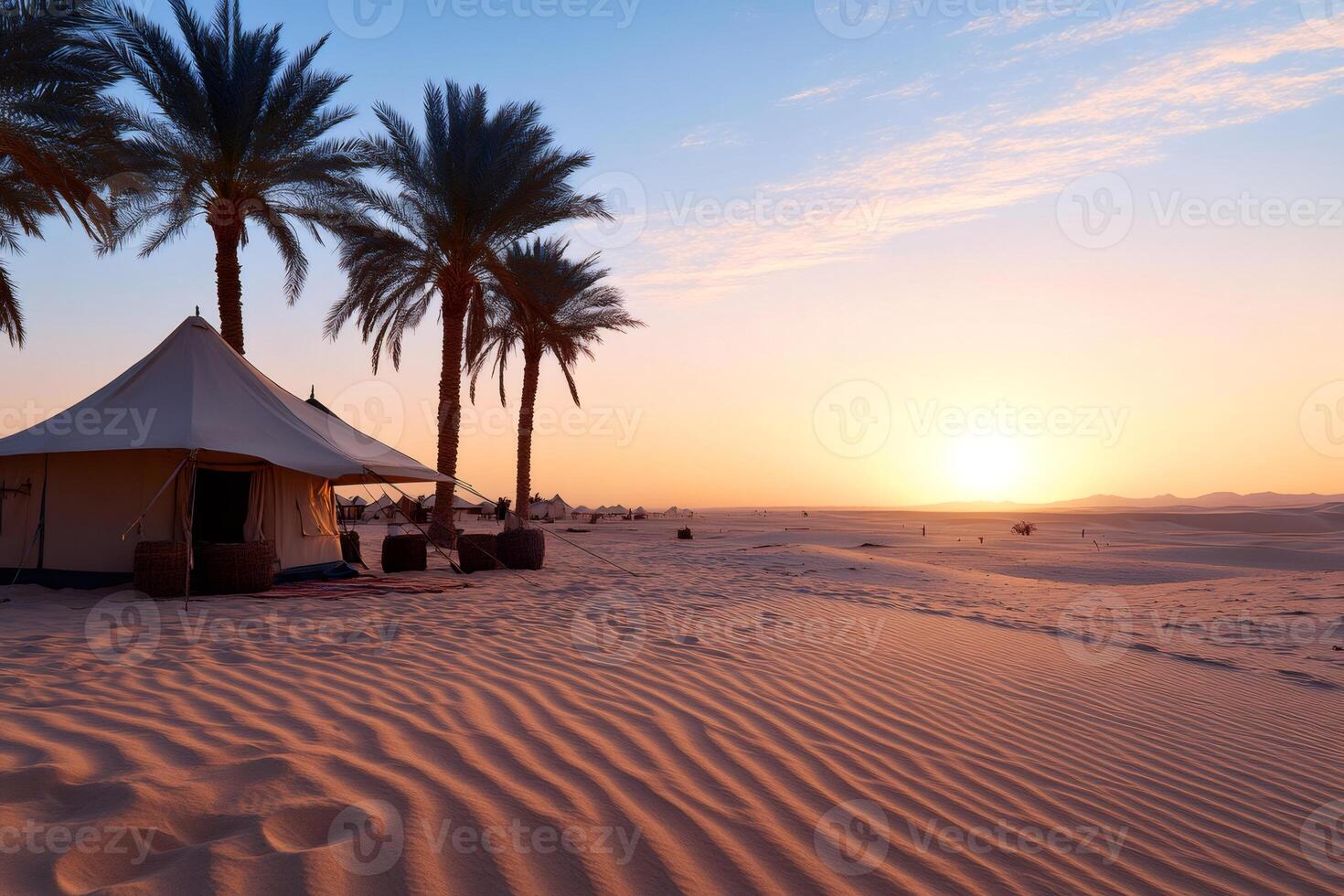 Luxurious desert camping under palm trees at sunset photo