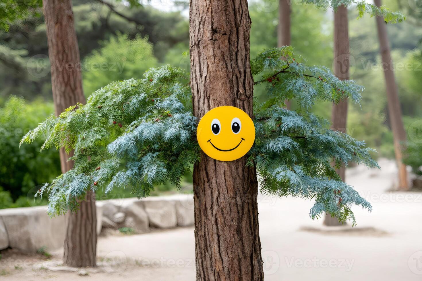 Yellow smiley face hanging on a tree trunk is bringing joy and happiness photo