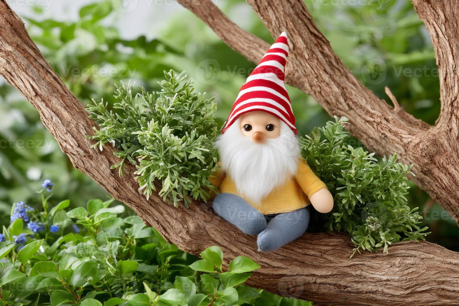 Plush garden gnome sitting on a tree branch surrounded by green plants photo