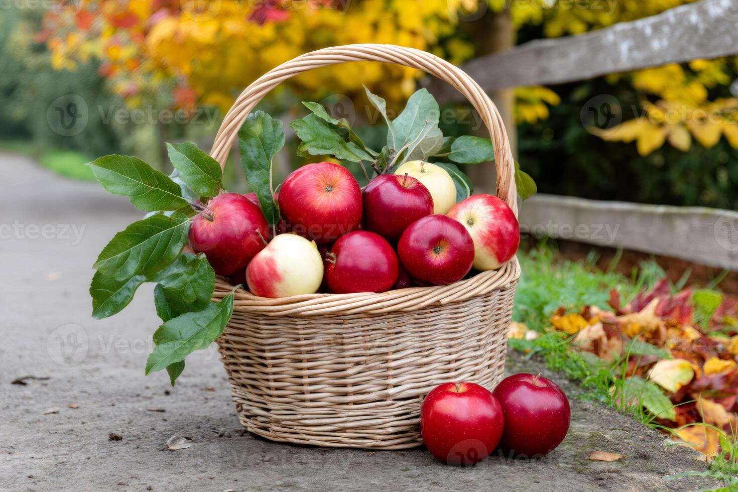 Wicker basket full of red and yellow apples resting on the ground in autumn photo