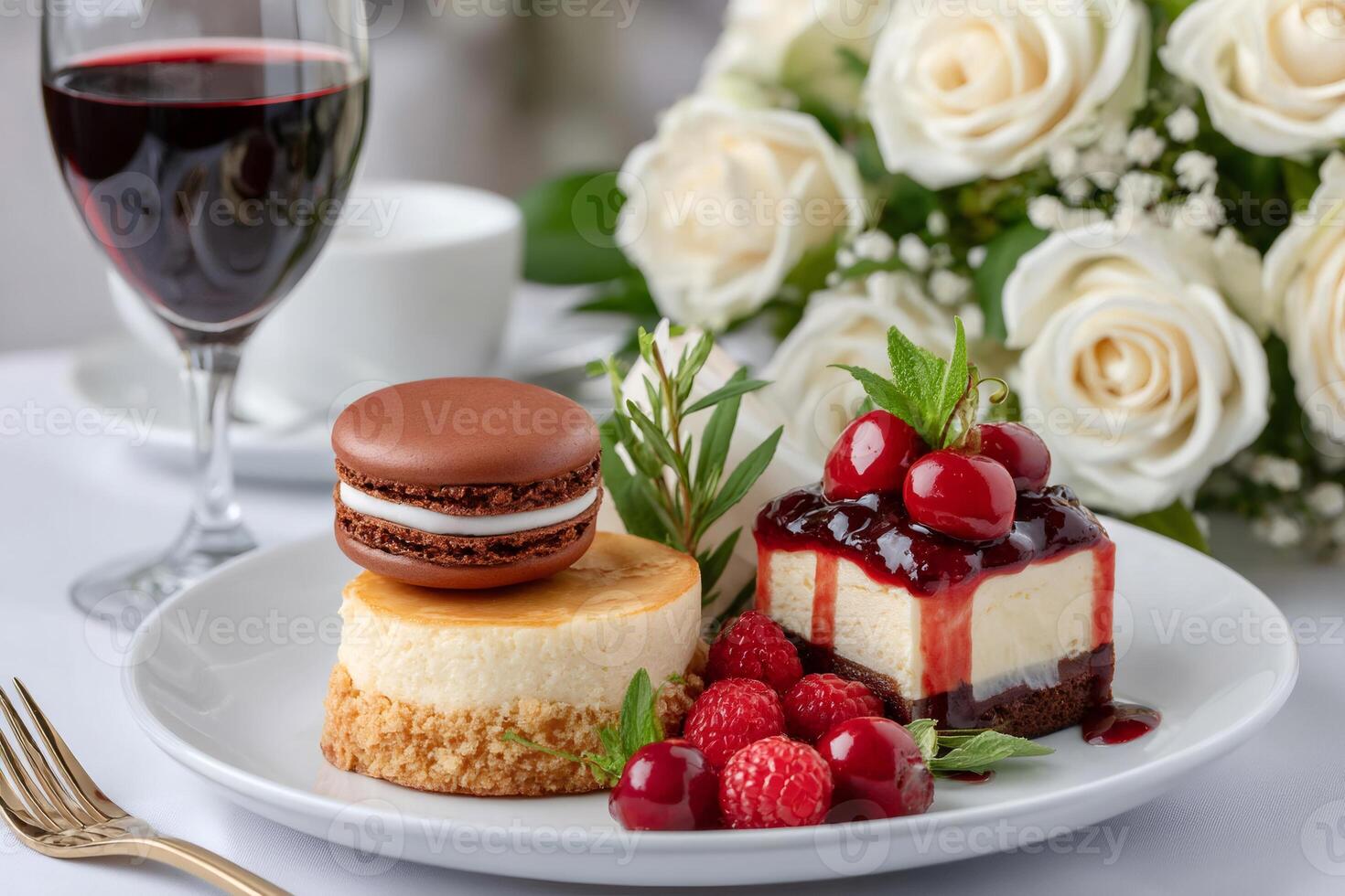 Mini cheesecakes with macaron and berries served with red wine and white roses photo