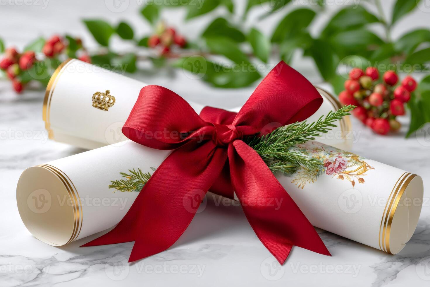 Christmas elegant royal decree scrolls tied with red ribbon and decorated with gold crown symbol photo