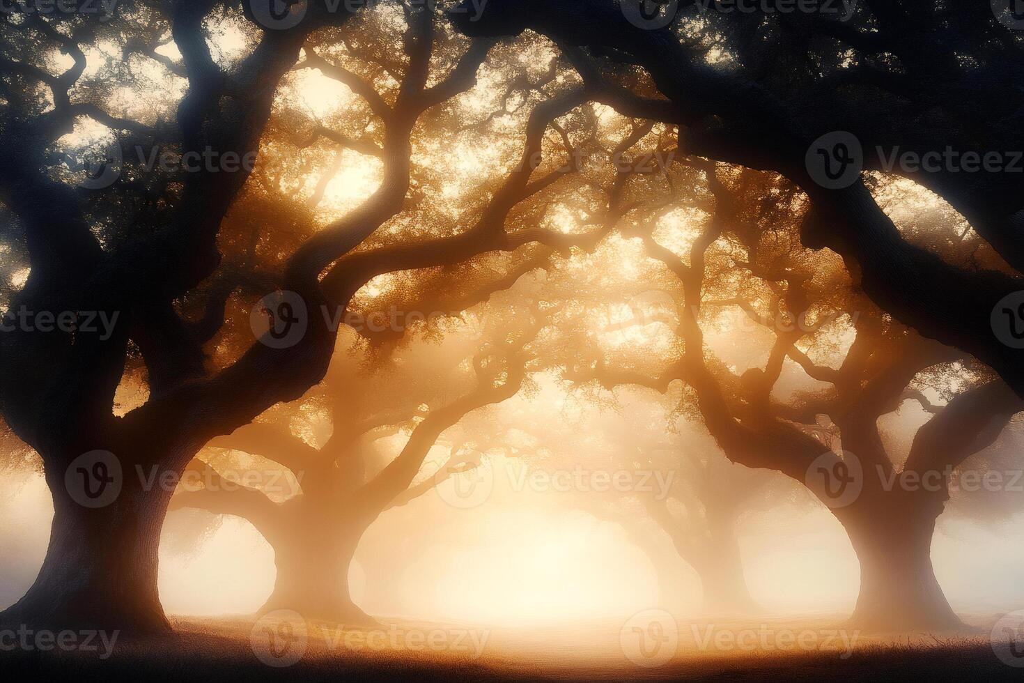 Majestic oak trees creating a magical canopy at sunrise in a foggy landscape photo