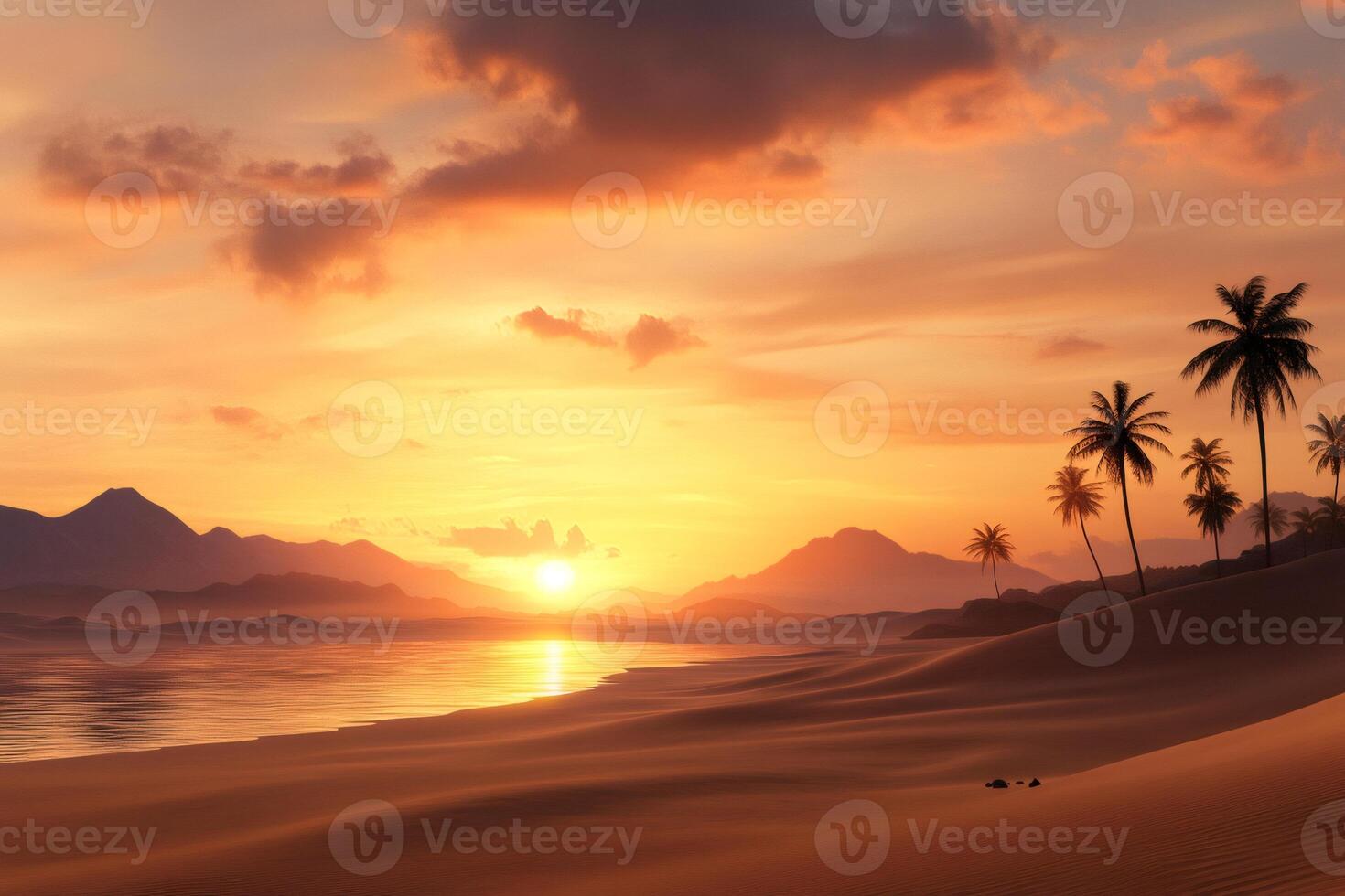 Sun setting over a tropical beach with palm trees and mountains photo
