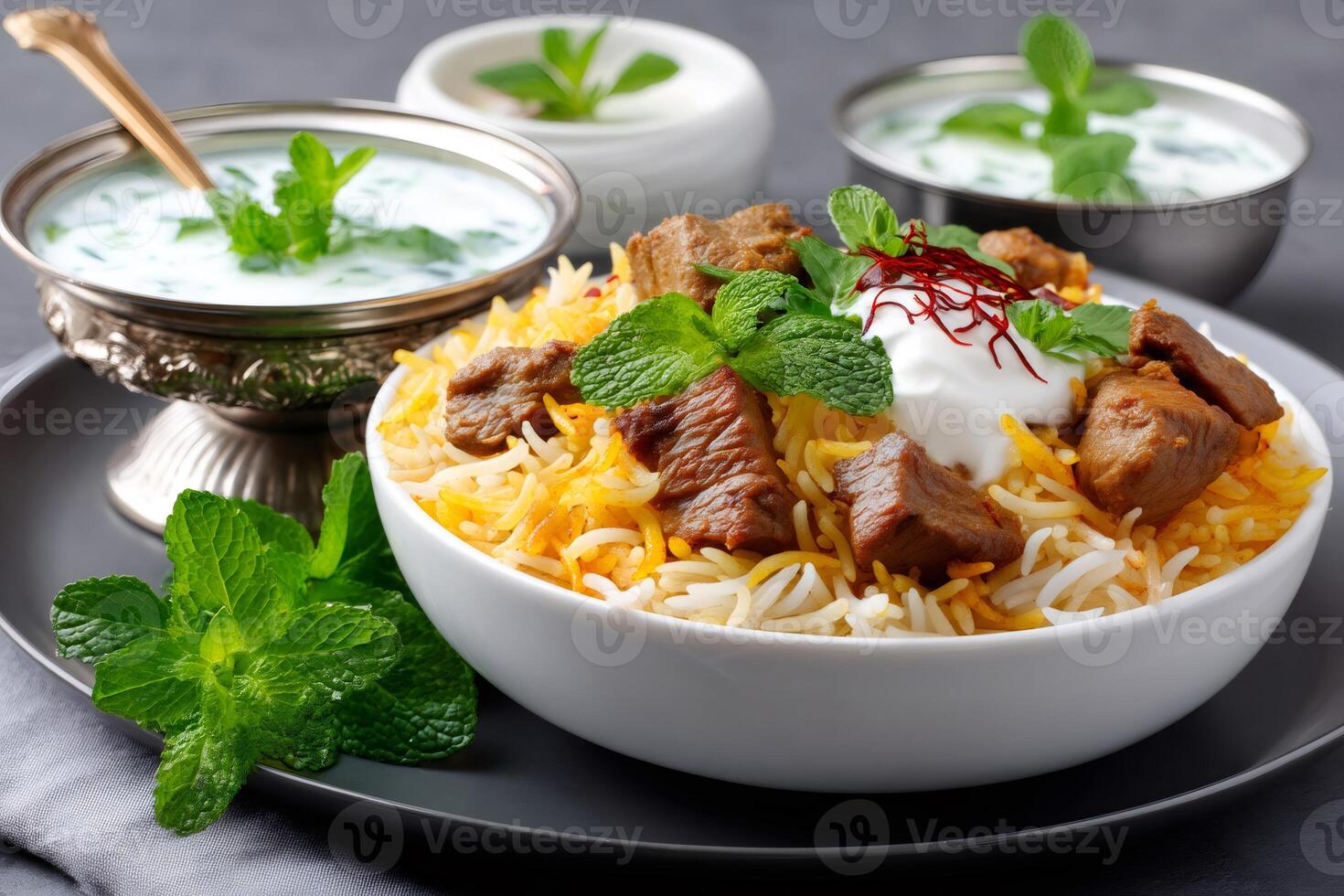 Mutton biryani garnished with mint and saffron being served with raita photo