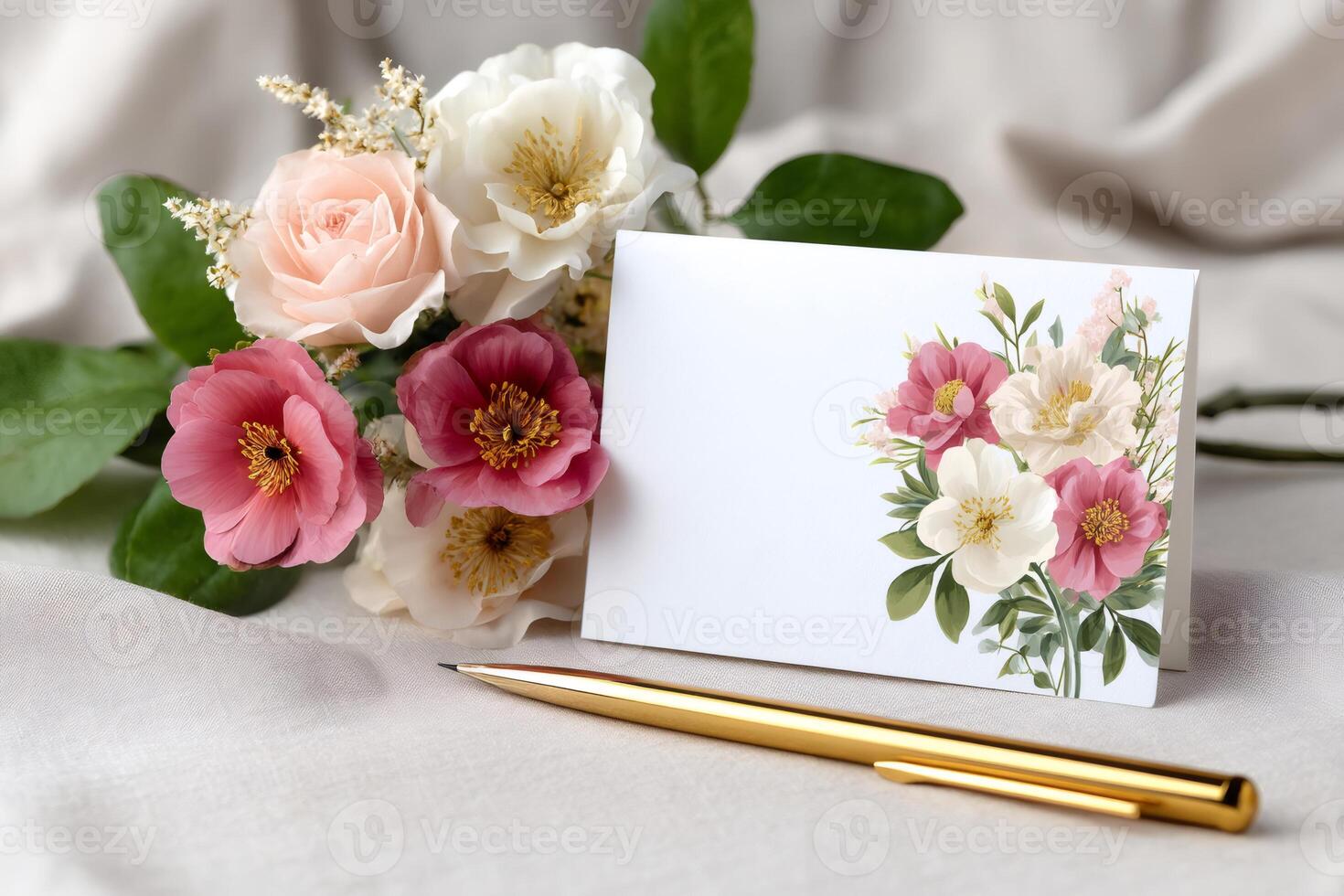 Greeting card with floral design laying near bouquet and pen photo